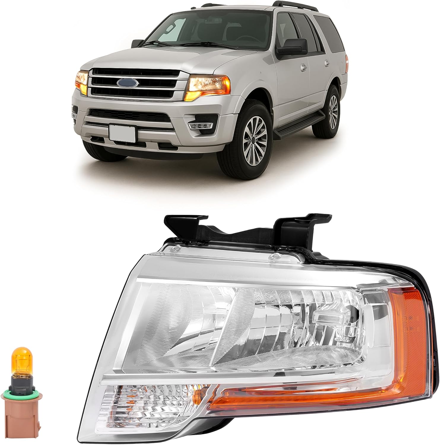 HECASA Left Headlight w/LED Indicator Compatible with 2015 2016 2017 Ford Expedition Replacement for FO2502346 Headlamp Front Light Lamp w/Bulb Driver Side Clear Lens & Chrome Housing