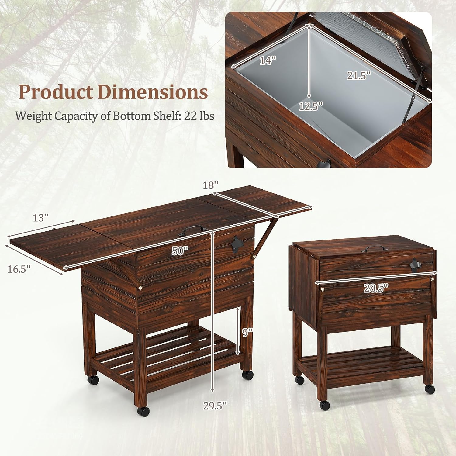 Moccha 54-Quart Rolling Cooler Cart - Wooden Rolling Ice Chest Cooler Cart w/ 2 Drop Leaf Tables, Bottle Opener, Pine Wood Outdoor Beverage Cooler, Patio Cooler on Wheels for Parties Yard Pool Deck