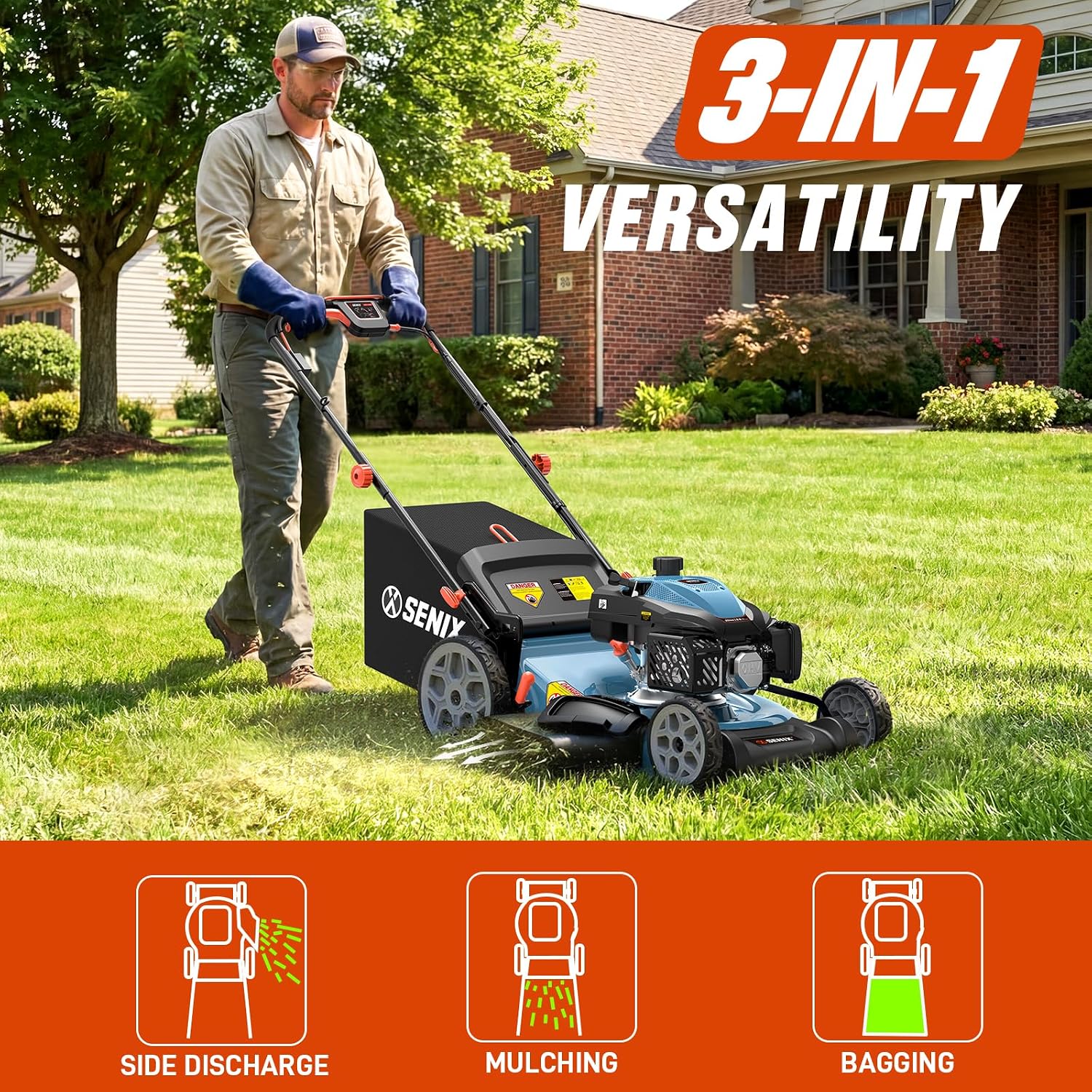 SENIX 201cc 22' 3-in-1 Gas Lawn Mower, Variable Speed Rear Wheel Self-Propelled Mower, Mulching, Bagging, Discharging, Foldable, 6 Cutting Height Adjustable, for Garden Yard