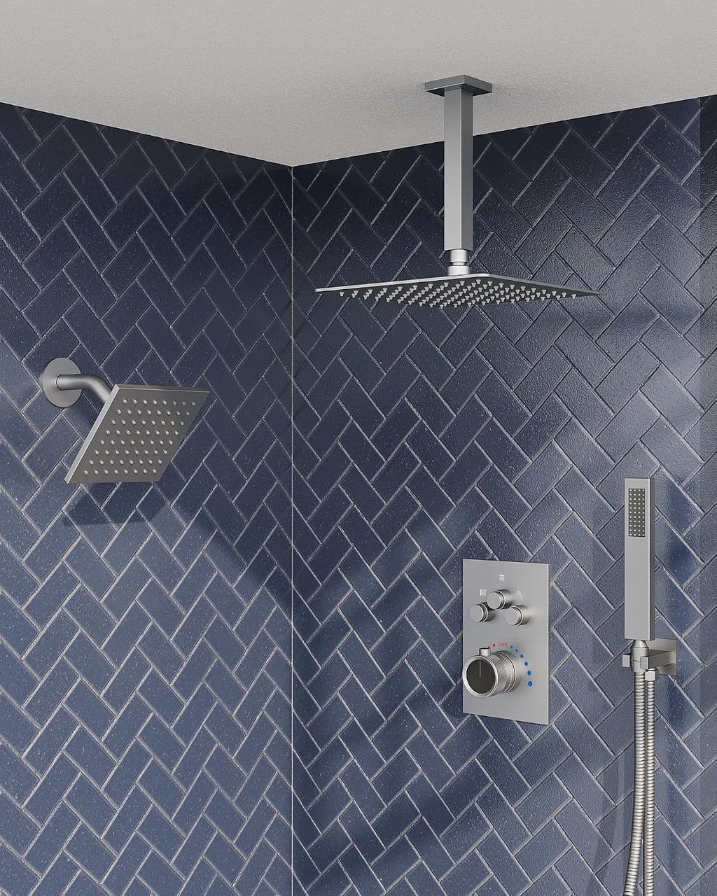 Thermostatic Shower System, 12 Inch Dual Rainfall Shower Heads for Ceilling & Wall Mounted with Handheld Sprayer, Brushed Nickel