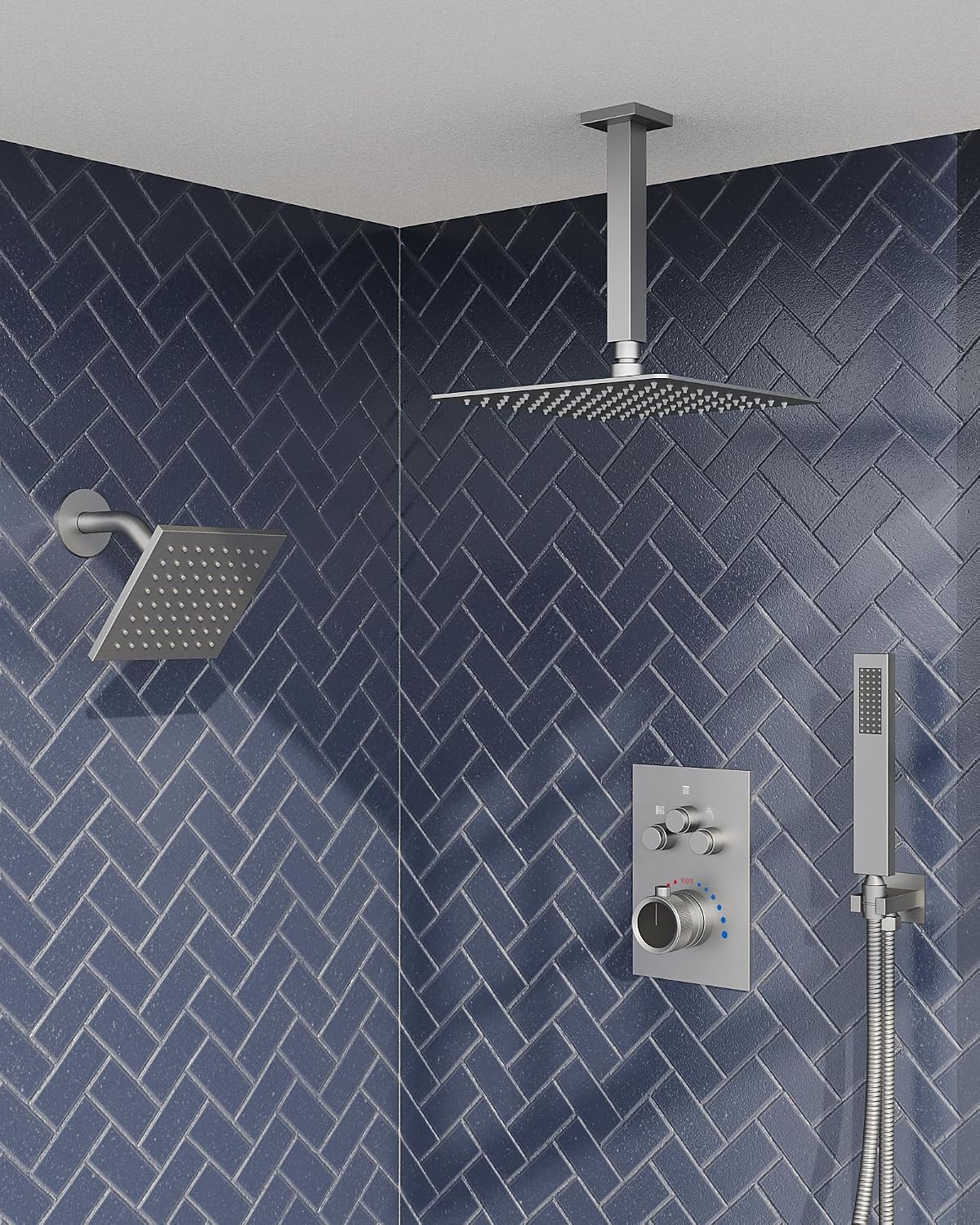 Thermostatic Shower System, 12 Inch Dual Rainfall Shower Heads for Ceilling & Wall Mounted with Handheld Sprayer, Brushed Nickel