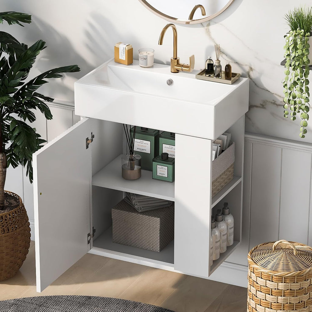 21.6-inch Bathroom Vanity with Sink, Wall-Mounted Vanity Storage Cabinet with One Door & Right Two-Tier Shelf, Solid Wood Organizer with Ceramic Sink for Bathroom, White