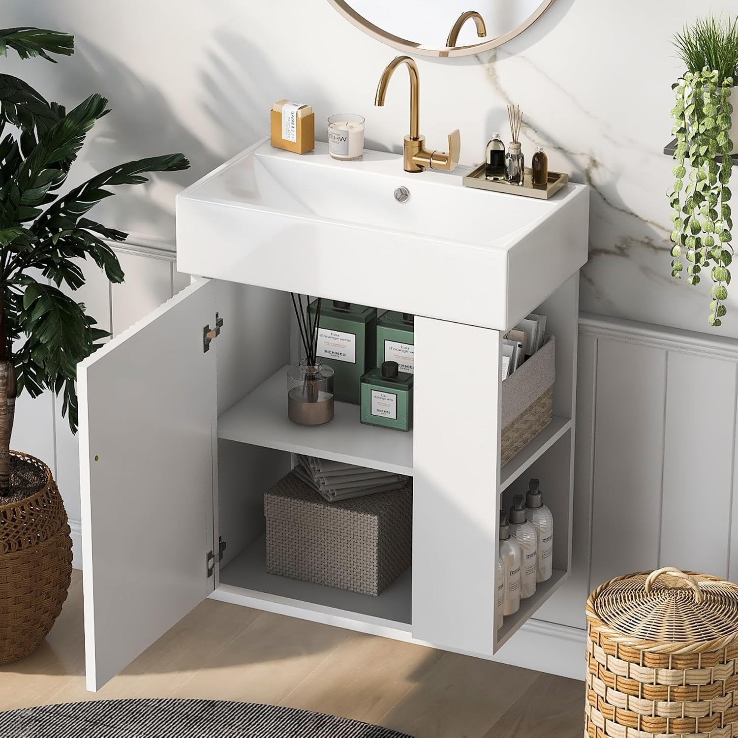 21.6-inch Bathroom Vanity with Sink, Wall-Mounted Vanity Storage Cabinet with One Door & Right Two-Tier Shelf, Solid Wood Organizer with Ceramic Sink for Bathroom, White