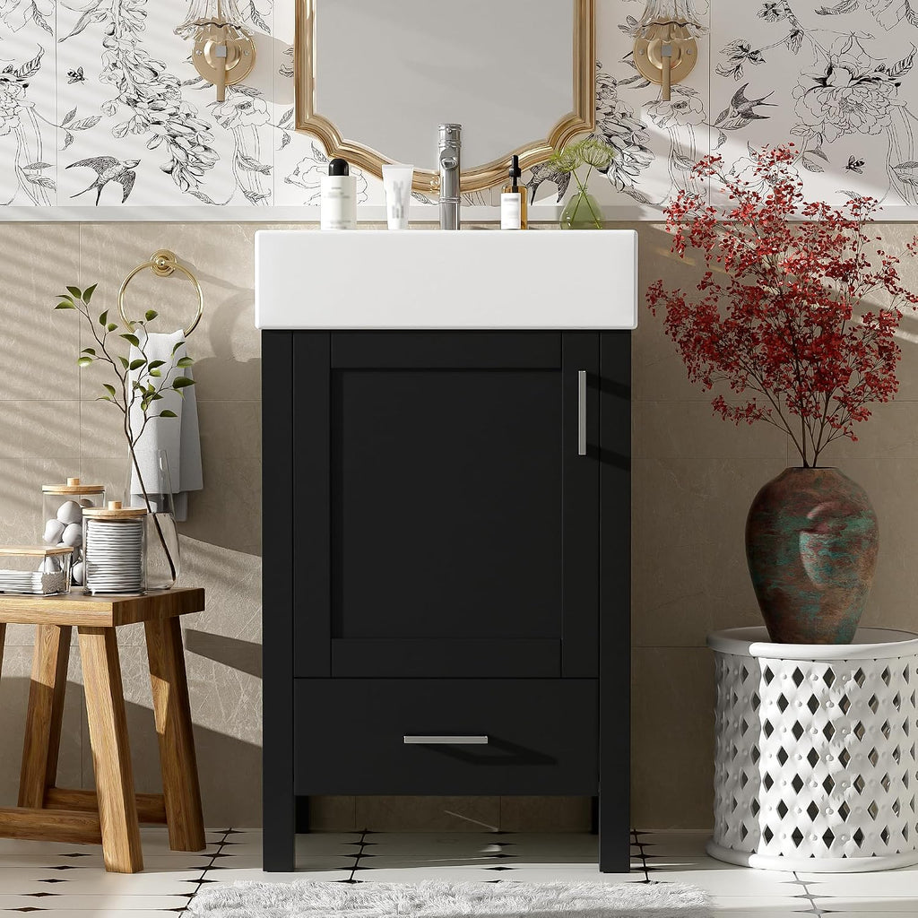 20-inch Bathroom Vanity with Sink Combo Set, Free Standing Single Storage Cabinet with Soft Closing Doors & One Drawer, Solid Wood Vanity Organizer with Ceramic Basin for Bathroom, Black