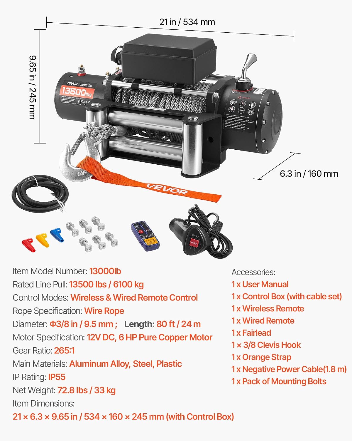 VEVOR Electric Winch, 13500 lbs Load Capacity, 12V DC Truck Winch with Φ3/8 in x 80 ft Steel Rope, Wireless & Wired Remote Control, IP55 Waterproof for Towing SUV Jeep Trailer Boat Off-Road Vehicle