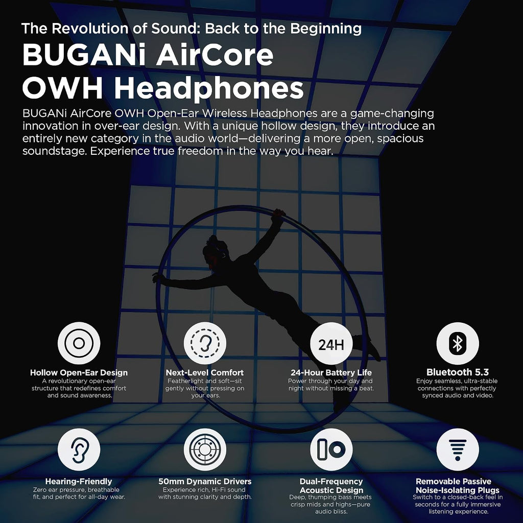 BUGANI AirCore Open-Ear Wireless Headphones: Bluetooth 5.3 Over-Ear Headset with Removable Noise-Canceling Ear Caps, Dual-Driver HiFi Sound, 27H Battery Life Comfortable Fit, Type-C Fast Charging