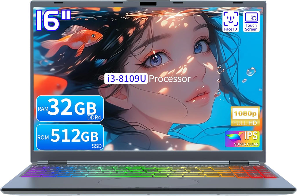 16' Touch Screen Laptop, i3-8109U, 32GB RAM, 512GB SSD, RGB Backlit Keyboard, Face & Fingerprint Recognition, 180 Degree Opening and Closing, Win 11 Pro(32GB RAM | 512GB SSD)