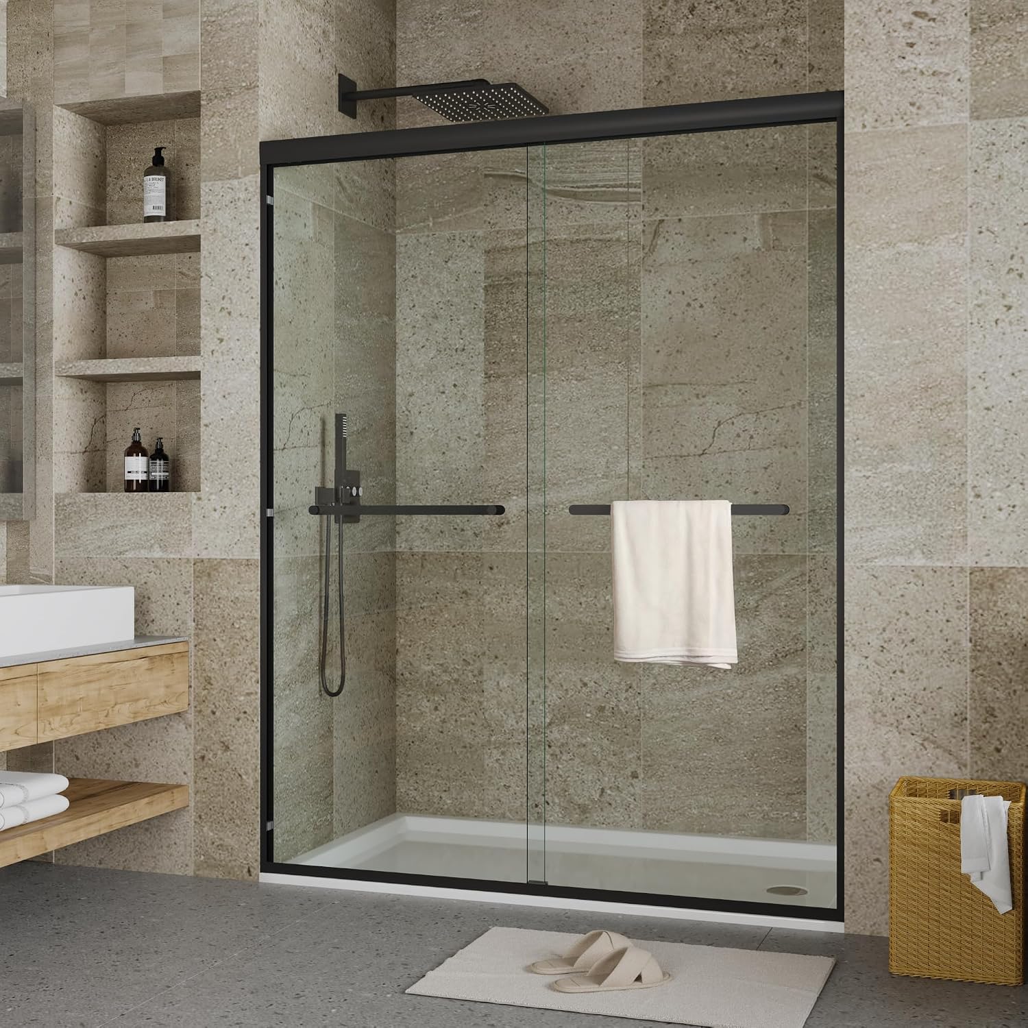 Sliding Glass Shower Door 44–48 Inch W x 72 Inch H, Shower Sliding Glass Door with 8mm Tempered Glass, Double Sliding Shower Door, Matte Black Shower Glass Door for Bathroom