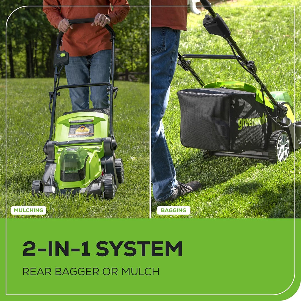 Greenworks 48V (24V x 2) 17' Brushless Mower+12' String Trimmer +320CFM Blower,(2) 4.0Ah Batteries and 2A Dual Port Charger