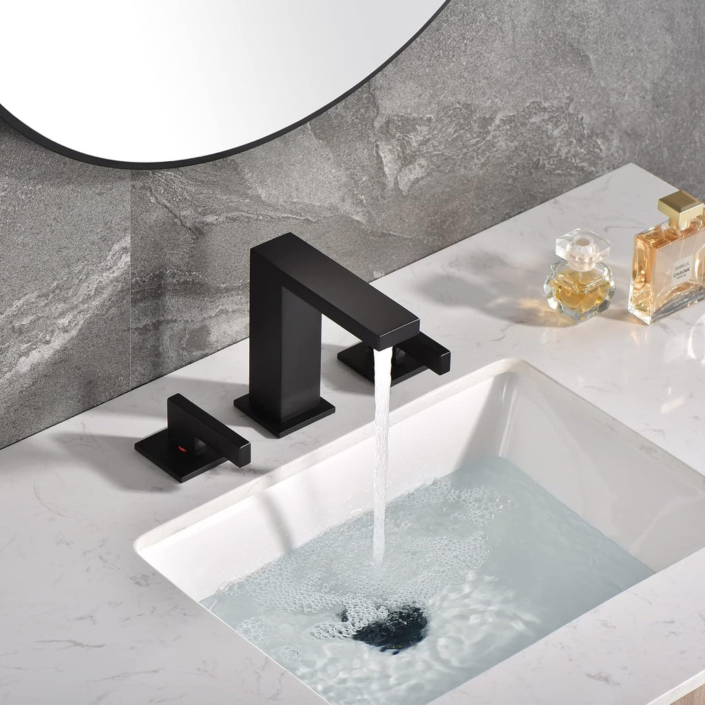 sumerain Widespread Matte Black Bathroom Sink Faucet 8 Inch 3 Hole Lavatory Faucet Vanity Faucet with Y Shape Quick Connect Hose