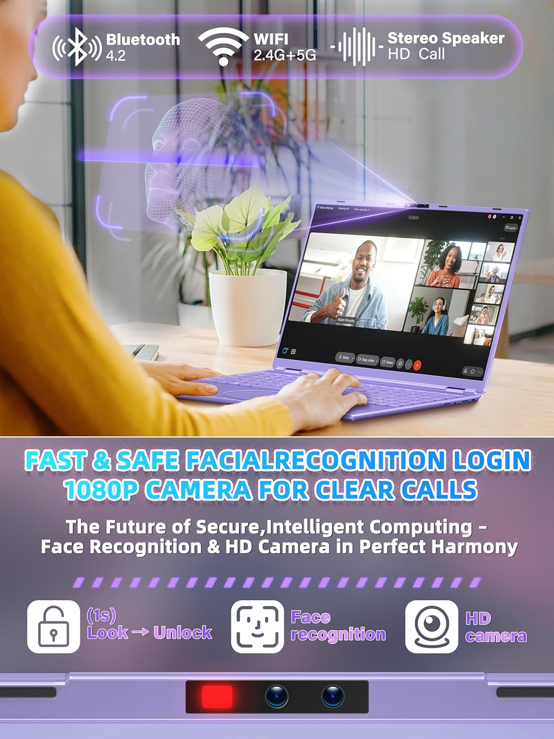16' Purple Laptop, 1920x1200 FHD IPS Display, Quad-Core N95 Processor (Up to 3.4GHz), 16GB RAM 1TB SSD, Color Backlit KB, Face Recognition & Gesture Touchpad, Win 11 Pro, for Business Student