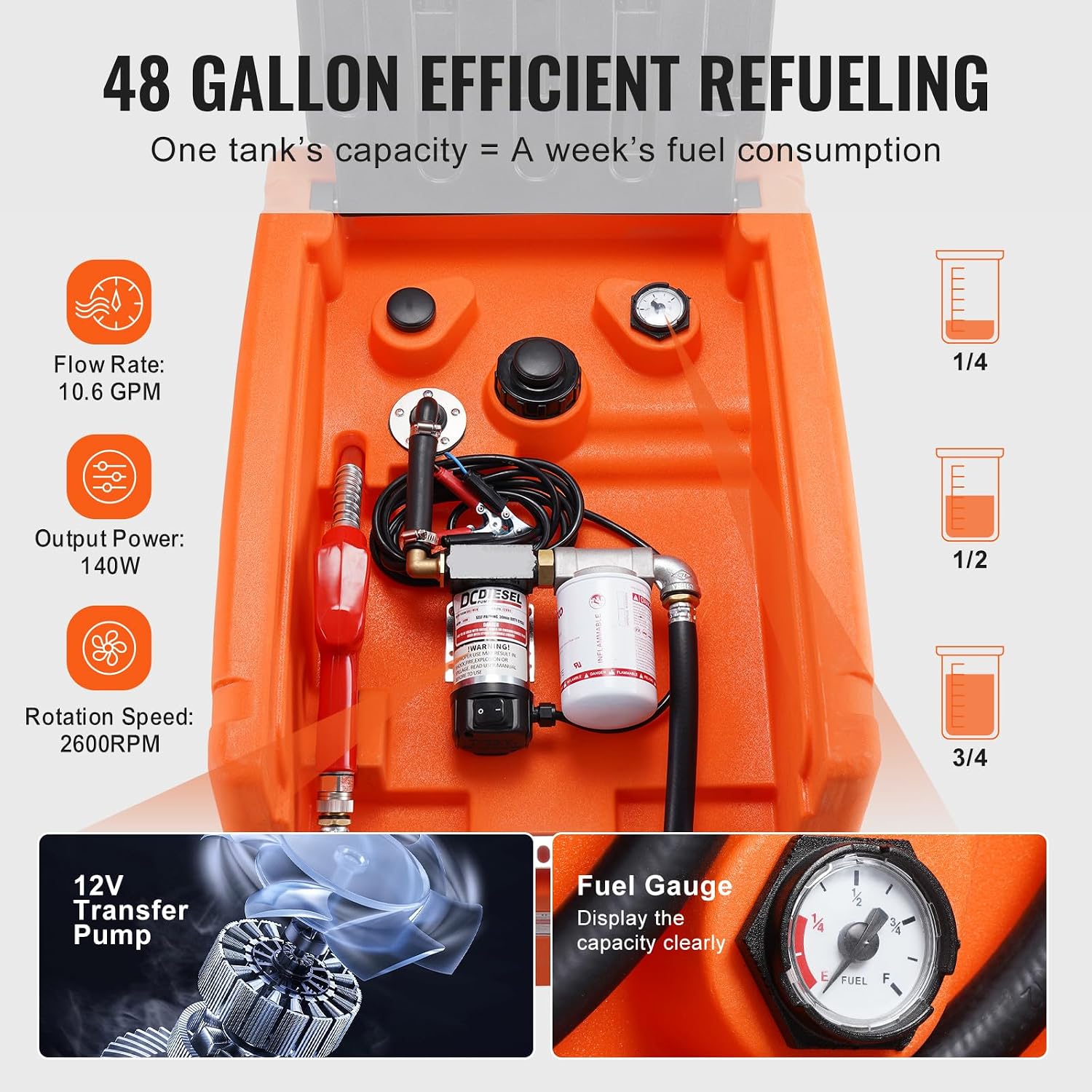 VEVOR Portable Diesel Tank, 48 Gallon, 10.6GPM Flow Rate, Diesel Fuel with 12V Electric Transfer Pump, 13.1 ft Hose, Auto Fueling Nozzle, Transfer Tank for Easy Fuel Transportation, Orange