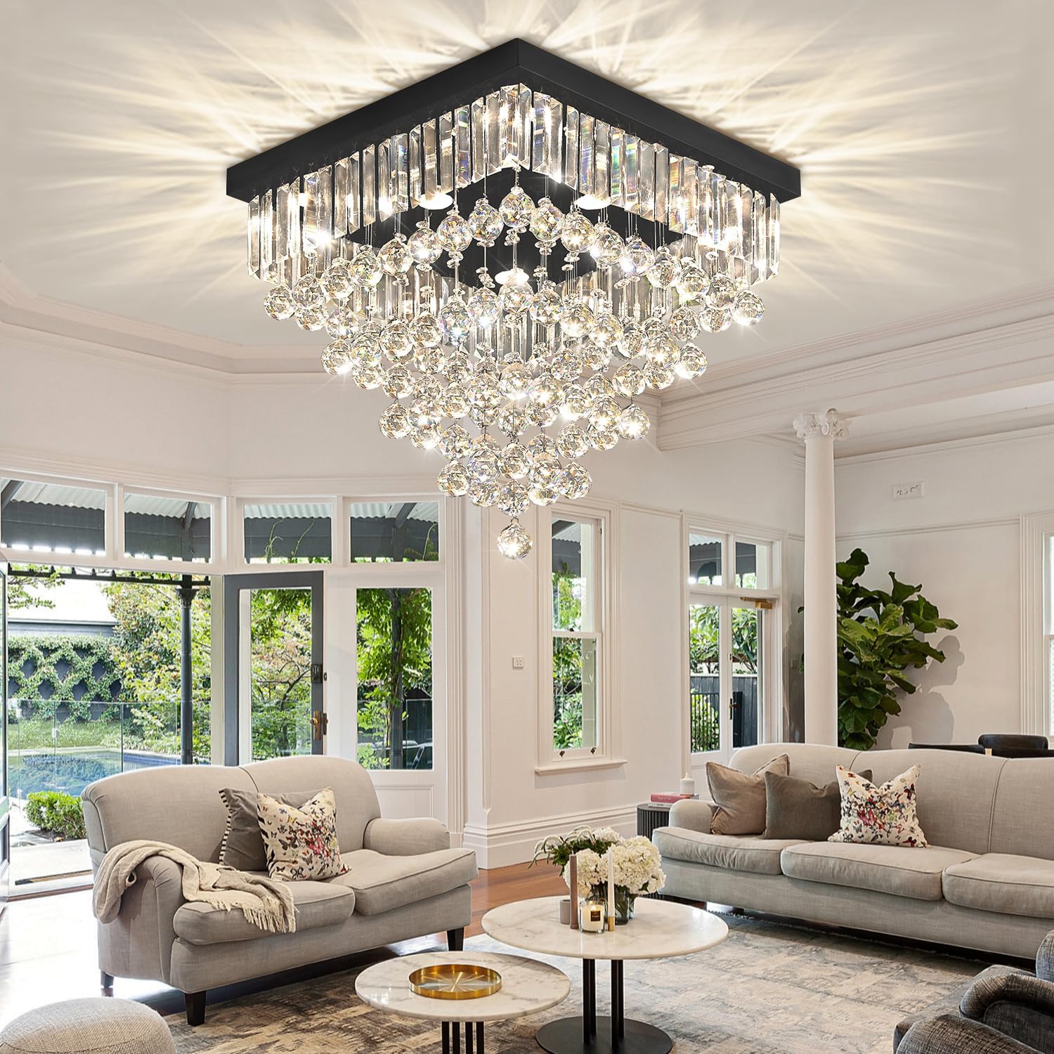 Luxury 20' Square K9 Crystal Flush Mount Chandelier, Modern Black 6-Light LED Ceiling Light, Dimmable Chandeliers Fixture for Dining Room, Living Room, Bedroom, Entryway