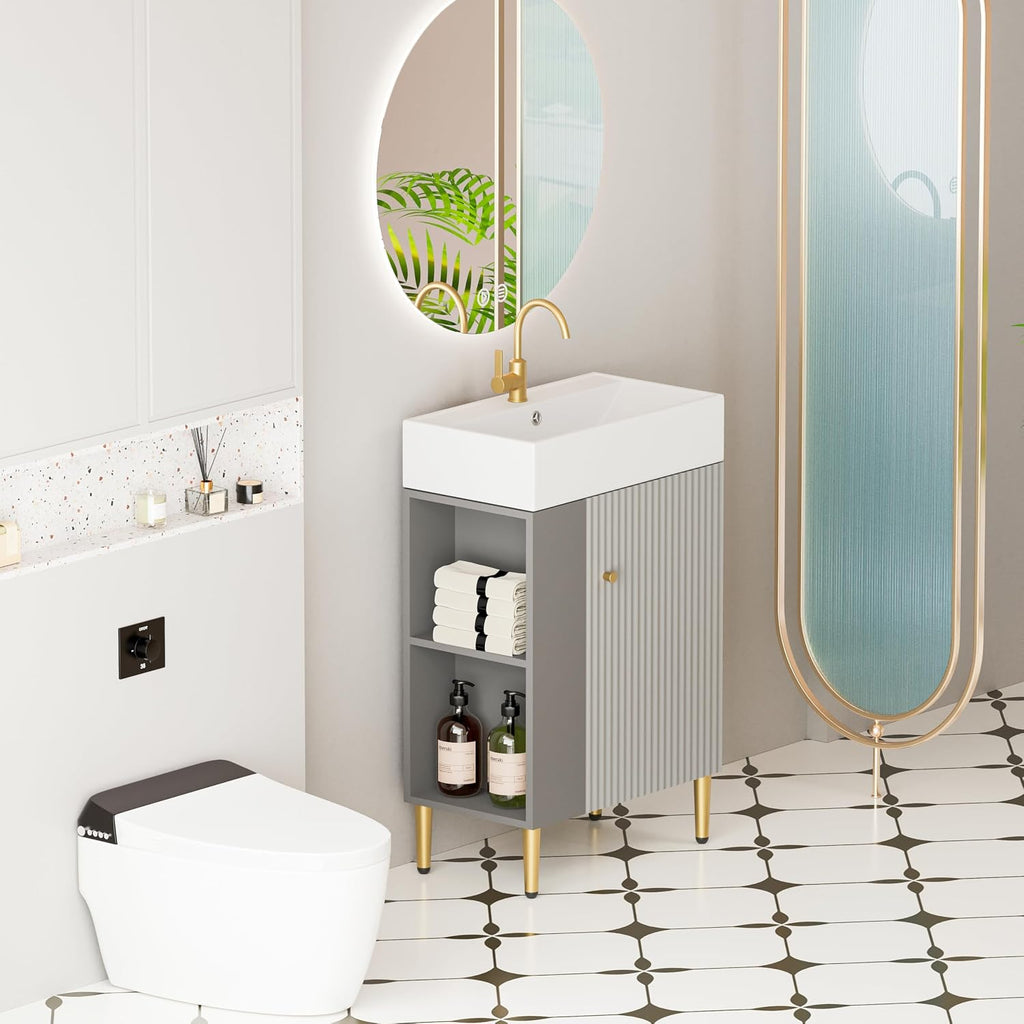 Merax Bathroom Vanity, Undermount Sinks Vanity with Side Storage, 20 Inch Free Standing Bathroom Storage Cabinet Combo Set, One Piece Sink Basin Bathroom Vanity, Gray