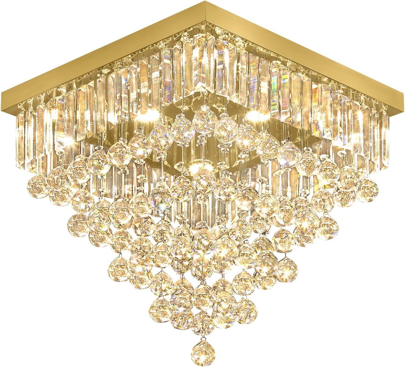 Modern Gold Square Crystal Flush Mount Ceiling Light 20' 6 Lights Luxury K9 Crystal Chandelier Lighting Fixture for Living Room Dining Room Bedroom Kitchen Entryway Hallway Foyer