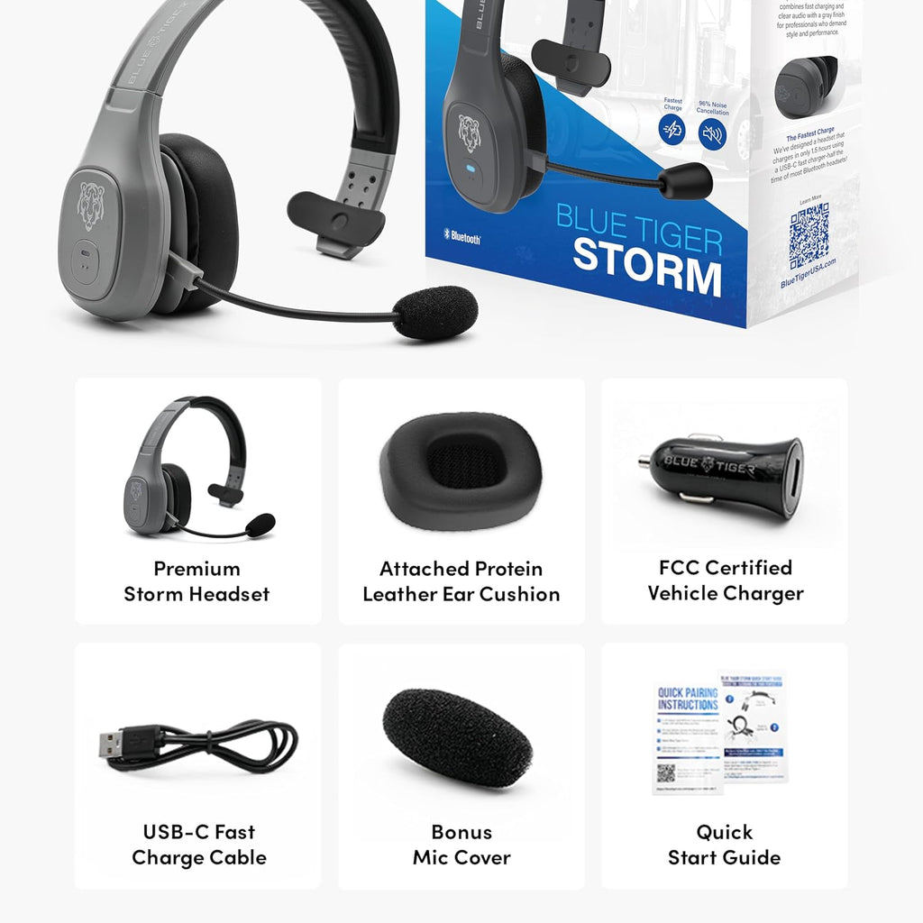 Blue Tiger Storm Gray - Premium Trucker Bluetooth Headset - Wireless Noise Canceling Mono Headset with Mic - High-Fidelity Sound, 30-Hour Talk Time, USB-C Charging - for Truck Drivers, Bluetooth 5.0