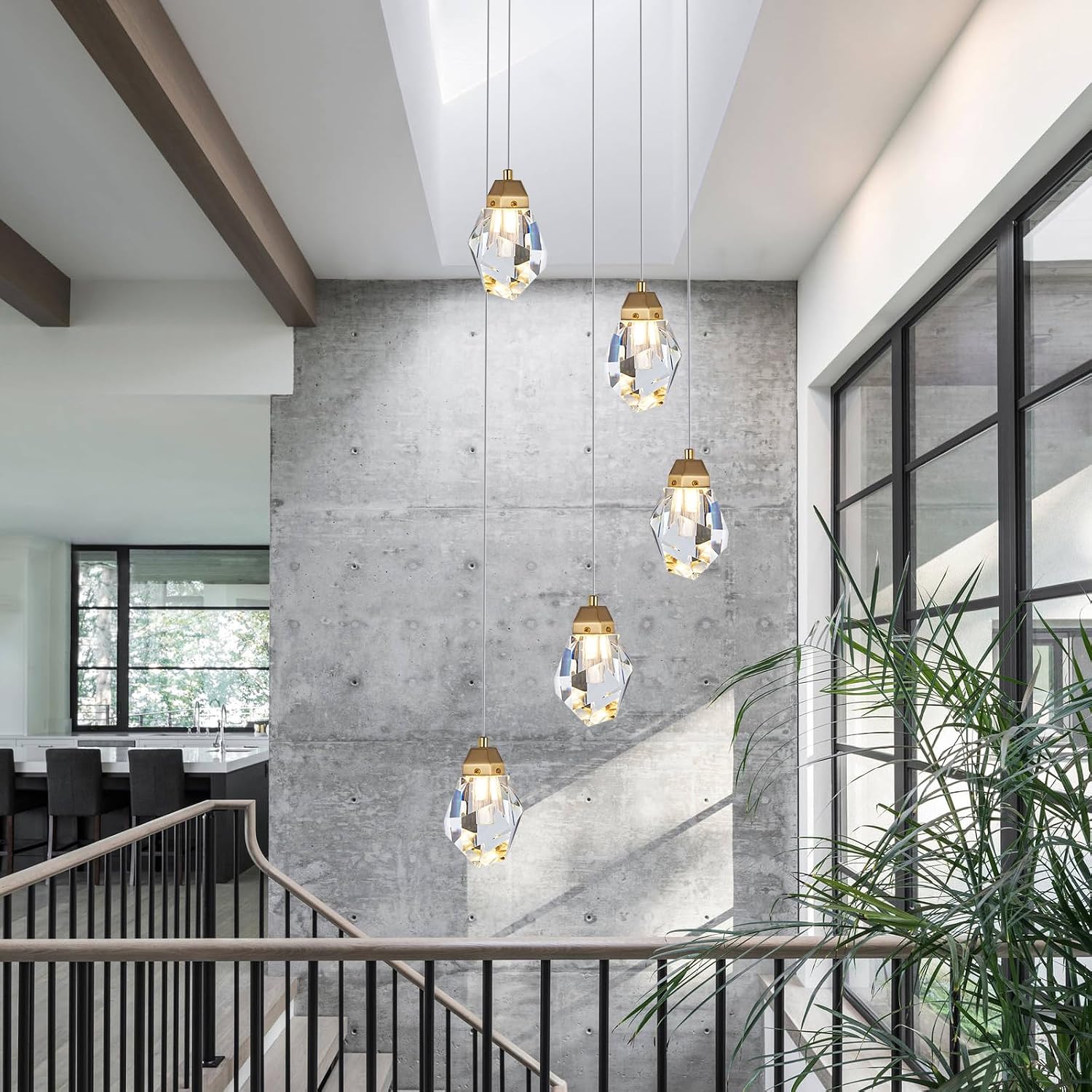 Dimmable Brass Gold Crystal Pendant Light - Modern 5-Light Diamond Chandelier for Kitchen Island, Dining Room, Hallway, and Bathroom