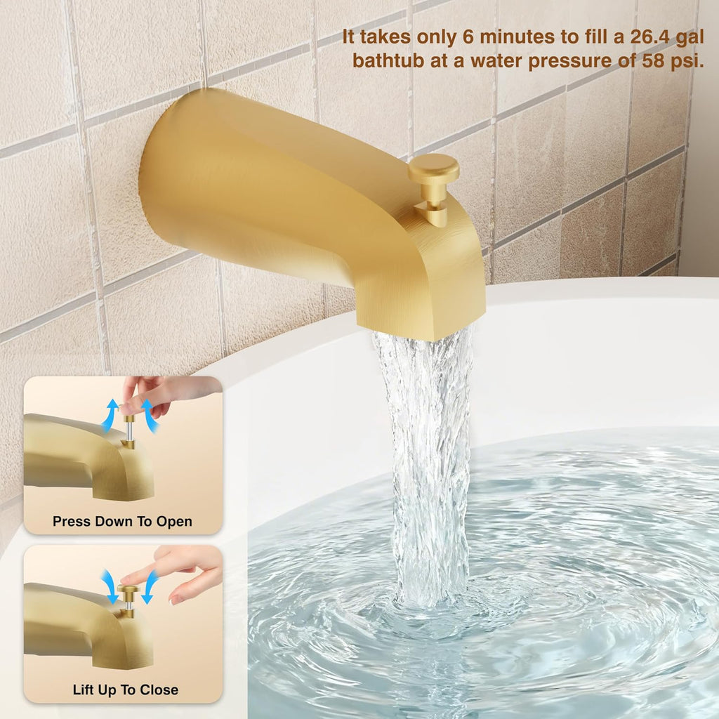 Tub Shower Faucet, Gold Shower Faucet Set with 6-Inch All-Metal Rainfall Showerhead and Bathtub Spout, Single-Handle Tub Shower-Trim Kit Included Valve, Brushed Gold