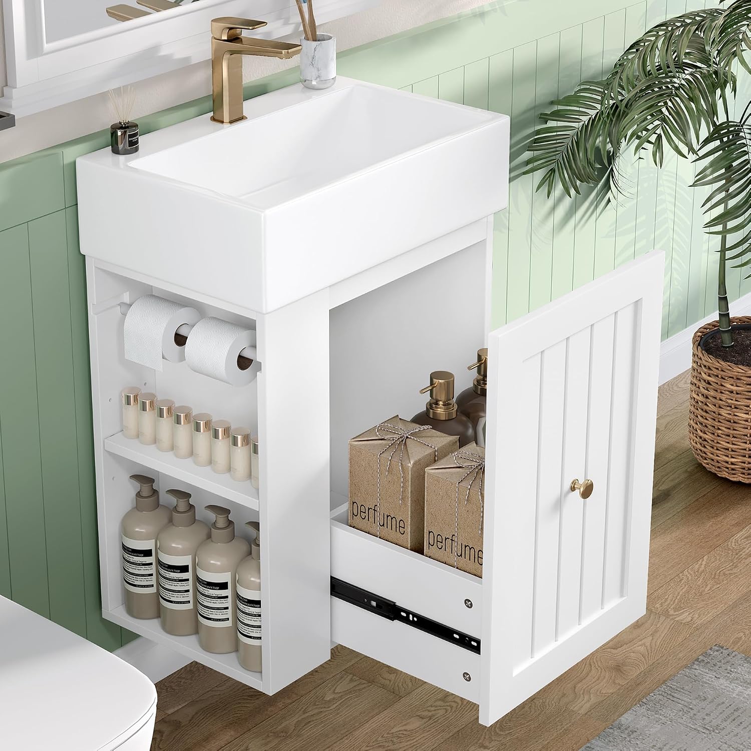 20-inch Bathroom Vanity with Sink Combo, Wall-Mounted Single Storage Cabinet with One Drawer& Left 2-Tier Storage Shelves, Wooden Vanity with Ceramic Basin for Bathroom, White