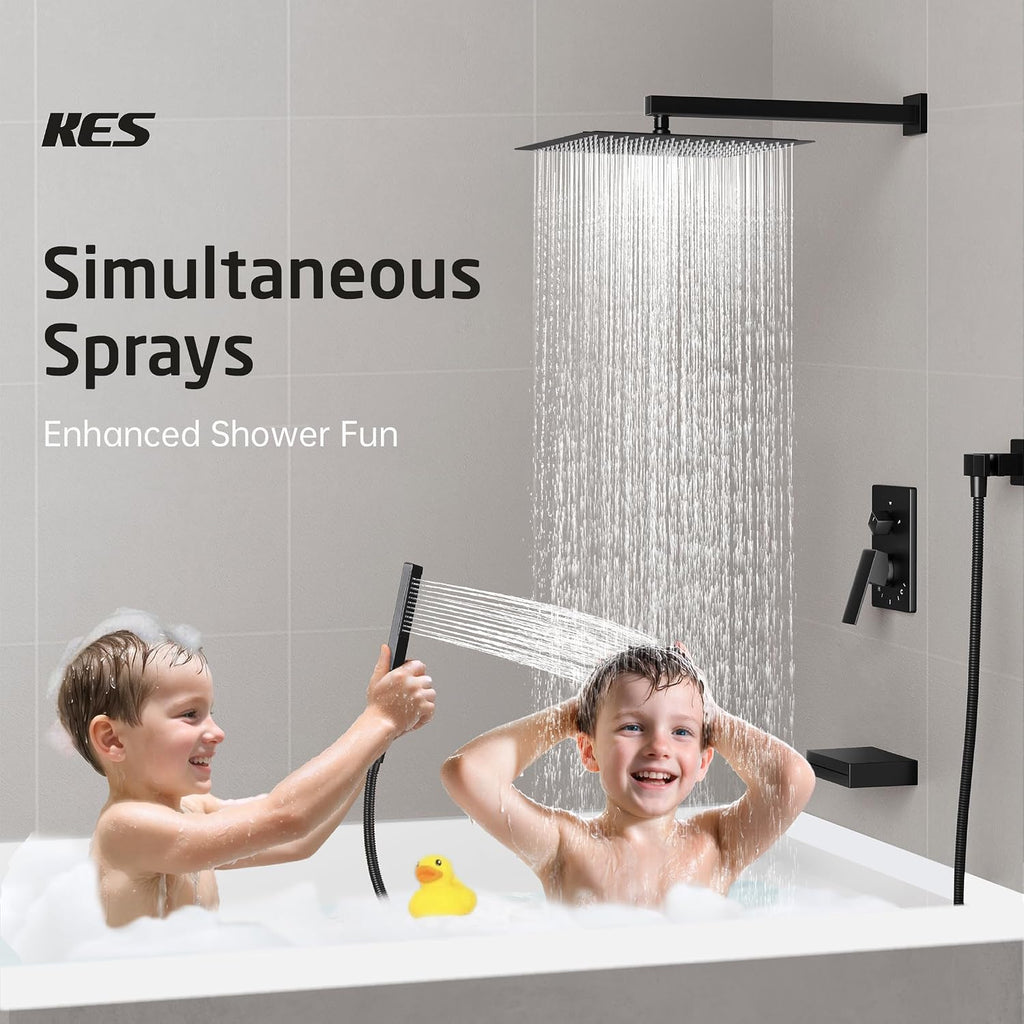 KES Black Shower Faucet Set Complete, 12 Inch Rainfall Shower Head with Handheld Spray, Waterfall Tub Spout Bathtub Faucet, Shower System, Regaderas Modernas Para Ducha, XB6305F18S12-BK