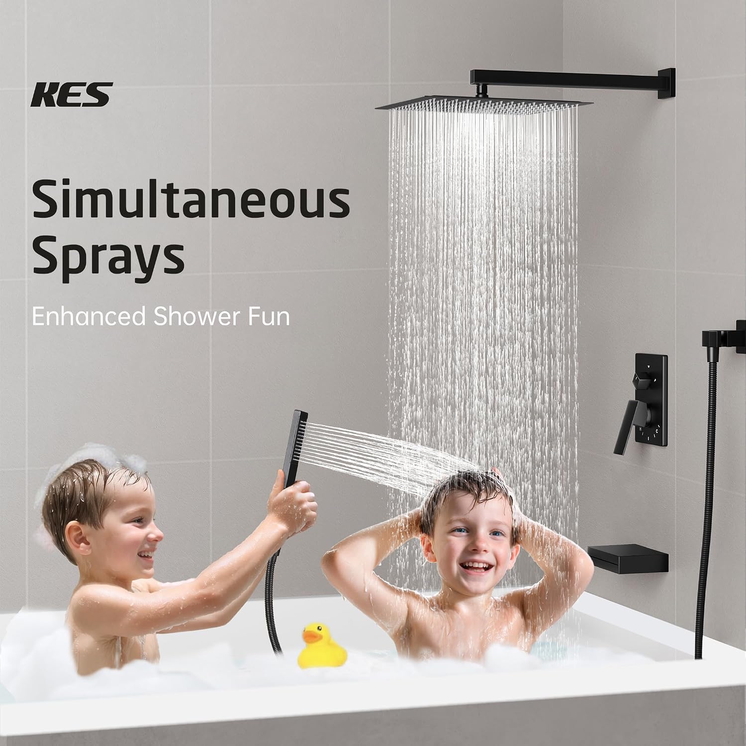 KES Black Shower Faucet Set Complete, 12 Inch Rainfall Shower Head with Handheld Spray, Waterfall Tub Spout Bathtub Faucet, Shower System, Regaderas Modernas Para Ducha, XB6305F18S12-BK