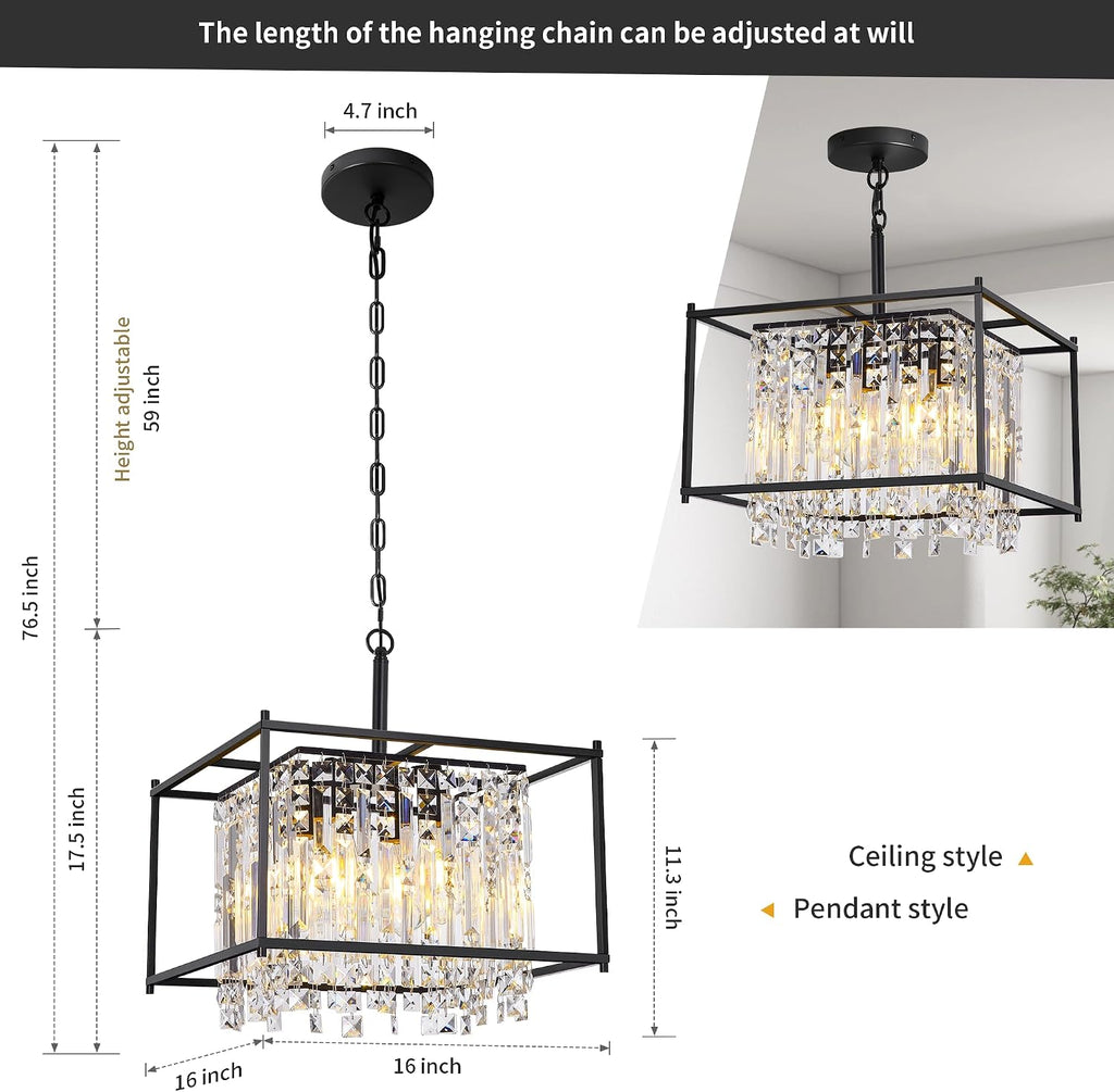 Miuyhji Black Chandeliers for Dining Room, Black Square Industrial Chandelier Crystal Pendant Light for Kitchen Island Dining Room Living Room Flat and Inclined Ceiling,L16 x W16 x H17.5