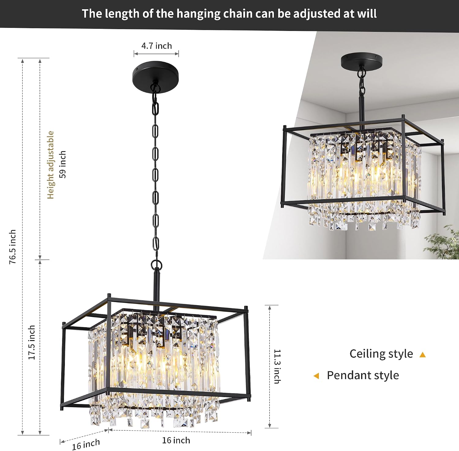 Miuyhji Black Chandeliers for Dining Room, Black Square Industrial Chandelier Crystal Pendant Light for Kitchen Island Dining Room Living Room Flat and Inclined Ceiling,L16 x W16 x H17.5