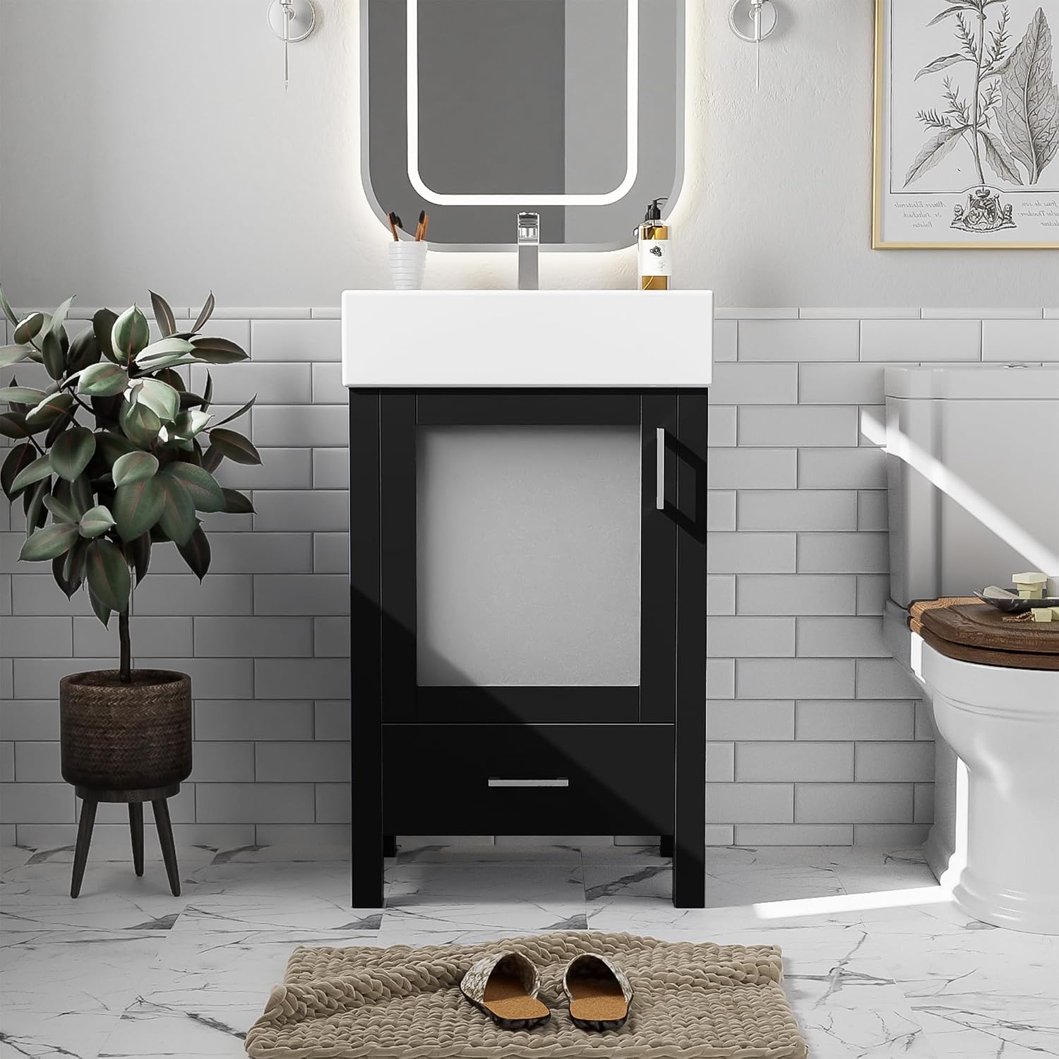 20-inch Bathroom Vanity with Sink Combo Set, Free Standing Single Storage Cabinet with Soft Closing Doors & One Drawer, Solid Wood Vanity Organizer with Ceramic Basin for Bathroom, Black