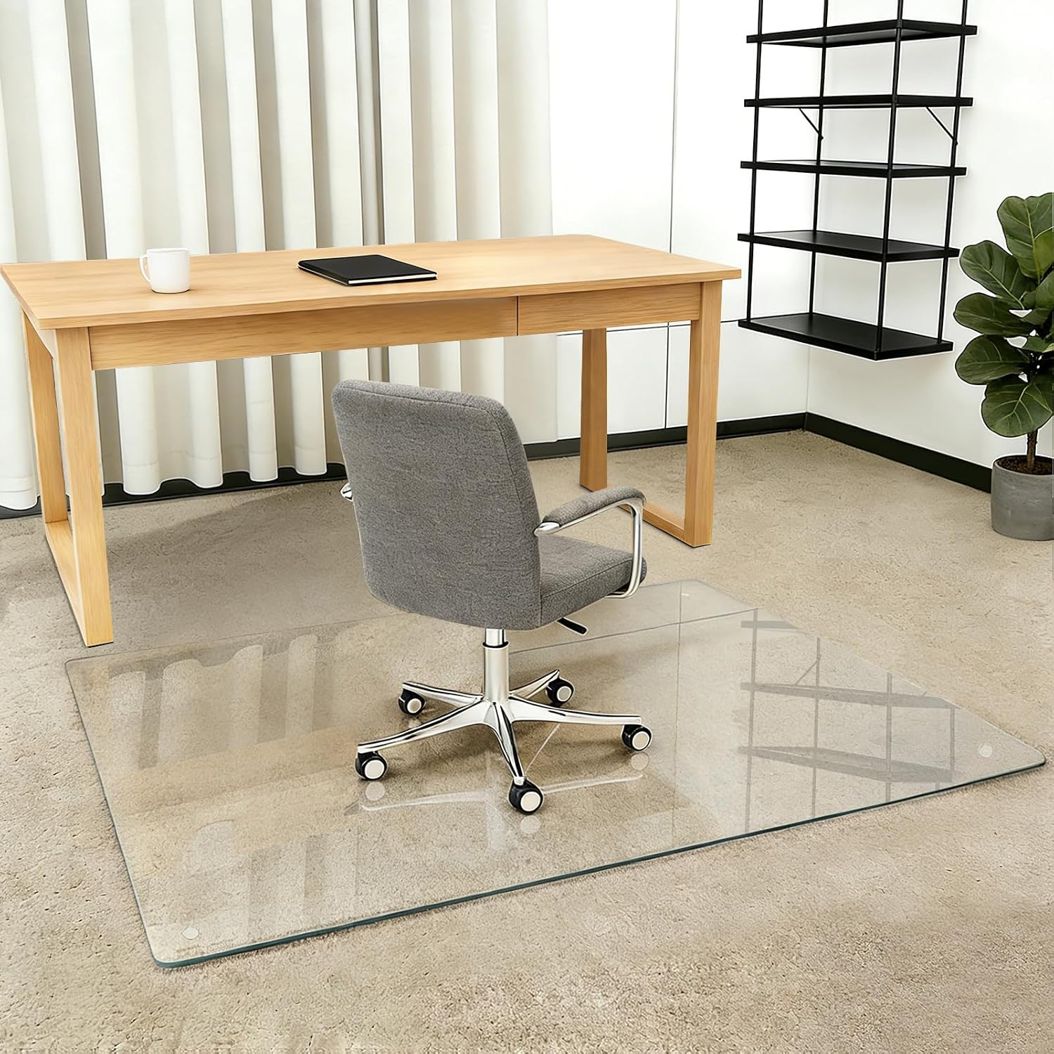 [Tempered Glass] Glass Office Chair Mat for Carpet Heavy 57' x 42'-1/5' Thick Premium Tempered Glass Duty Hard Glass Chair Mats -for Office Chair on Carpet or Hard Floor with 4 Anti-Slip Pads
