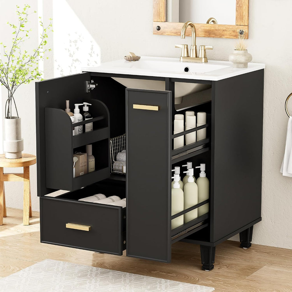 24-inch Bathroom Vanity with Sink Combo, Free-Standing Single Storage Cabinet with Door Shelf, 2-Tier Pull-Out Basket, and Deep Drawer, Wood Vanity with Ceramic Basin for Bathroom (Black)
