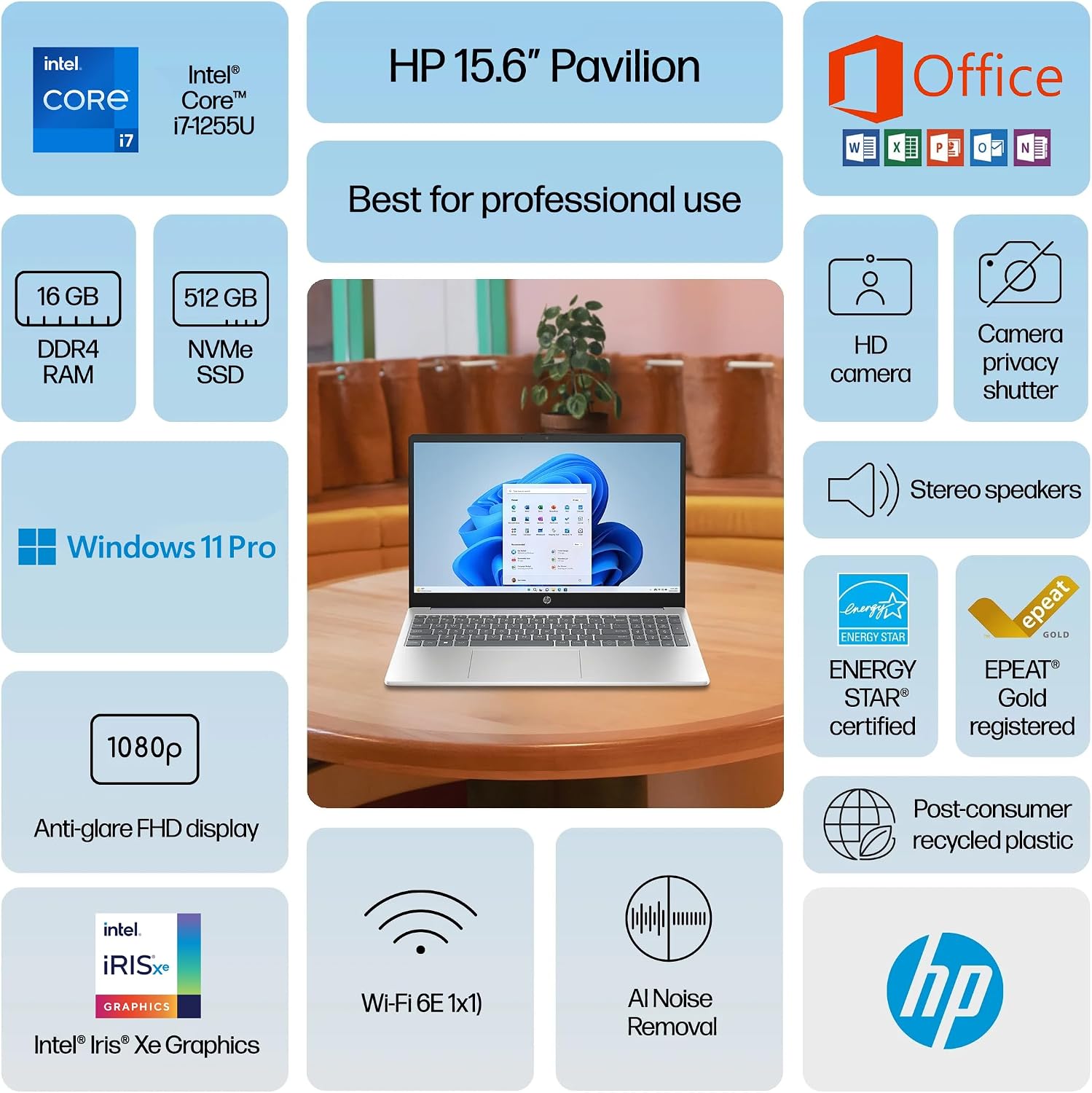 HP 15.6 FHD IPS Touchscreen Pavilion Laptop, Computer, 10-Core Intel i7 Processor, 16GB RAM, 1TB Storage (500GB SSD + 500GB Ext), Wi-Fi 6E, Windows 11 Pro+Lifetime Microsoft Office, MarxsolAccessory