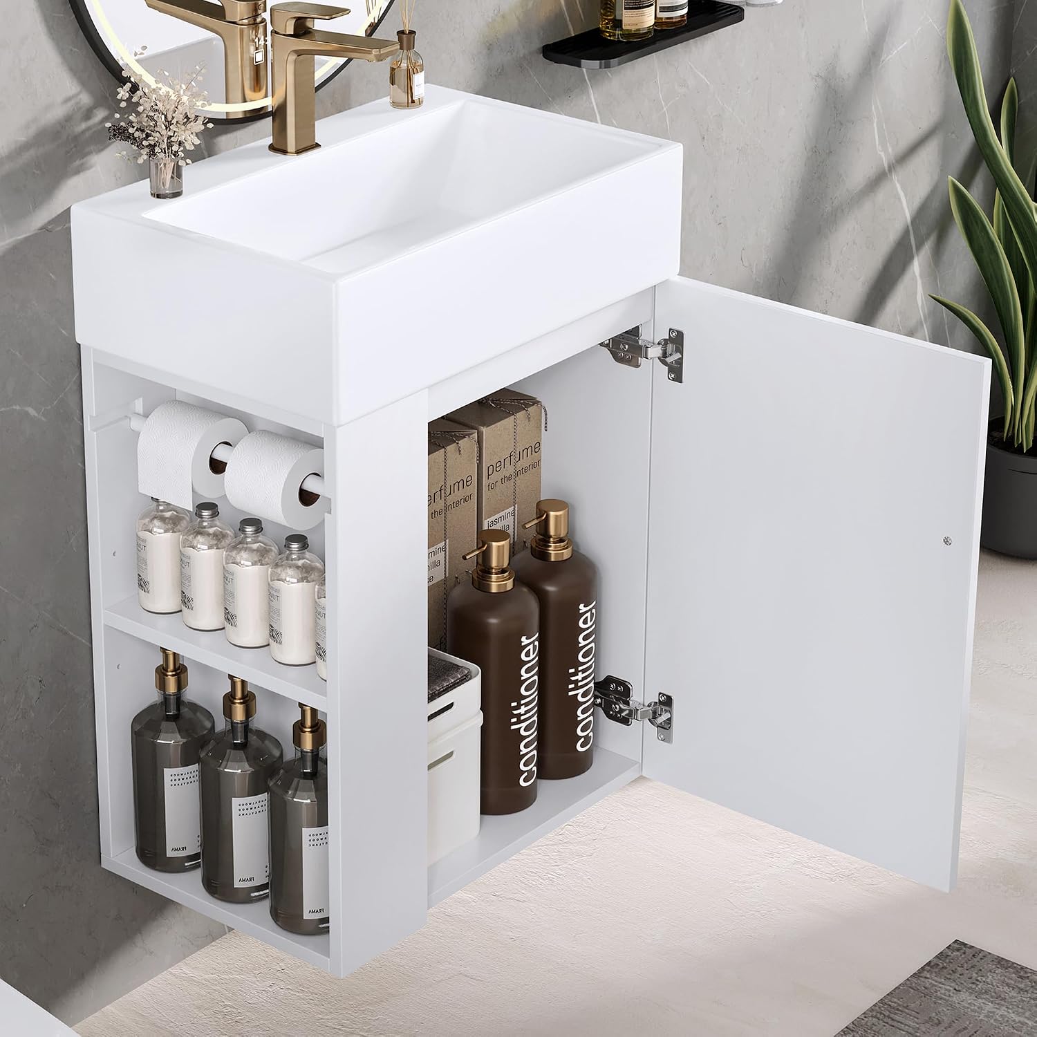 20-inch Bathroom Vanity with Sink Combo, Wall-Mounted Single Storage Cabinet with One Cabinet & Left 2-Tier Storage Shelves, Wooden Vanity with Ceramic Basin for Bathroom, White