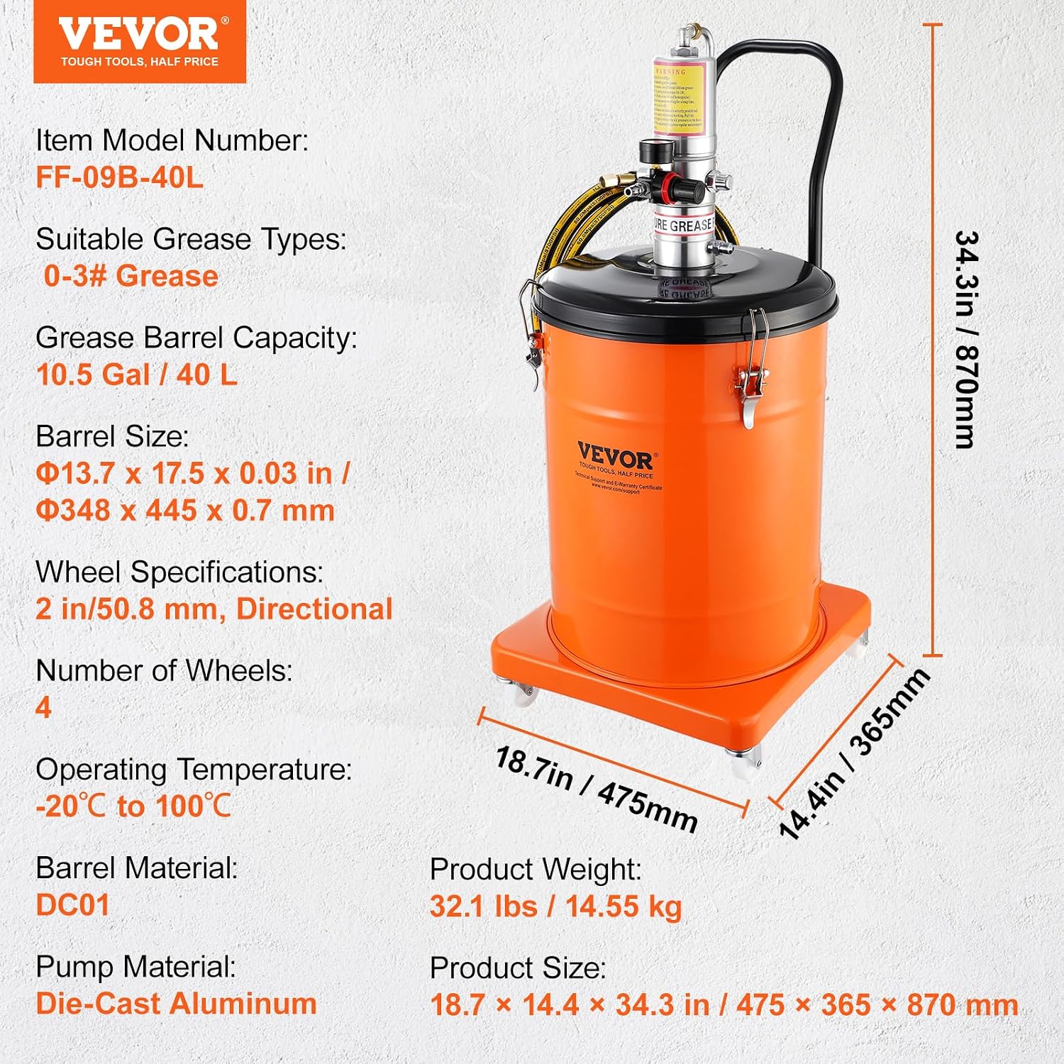 VEVOR Grease Pump, 10.5 Gallon Air Grease Pump with 13 ft High Pressure Hose and Grease Gun, 40L Pneumatic Grease Pump with Wheels, Portable Lubrication Grease Pump