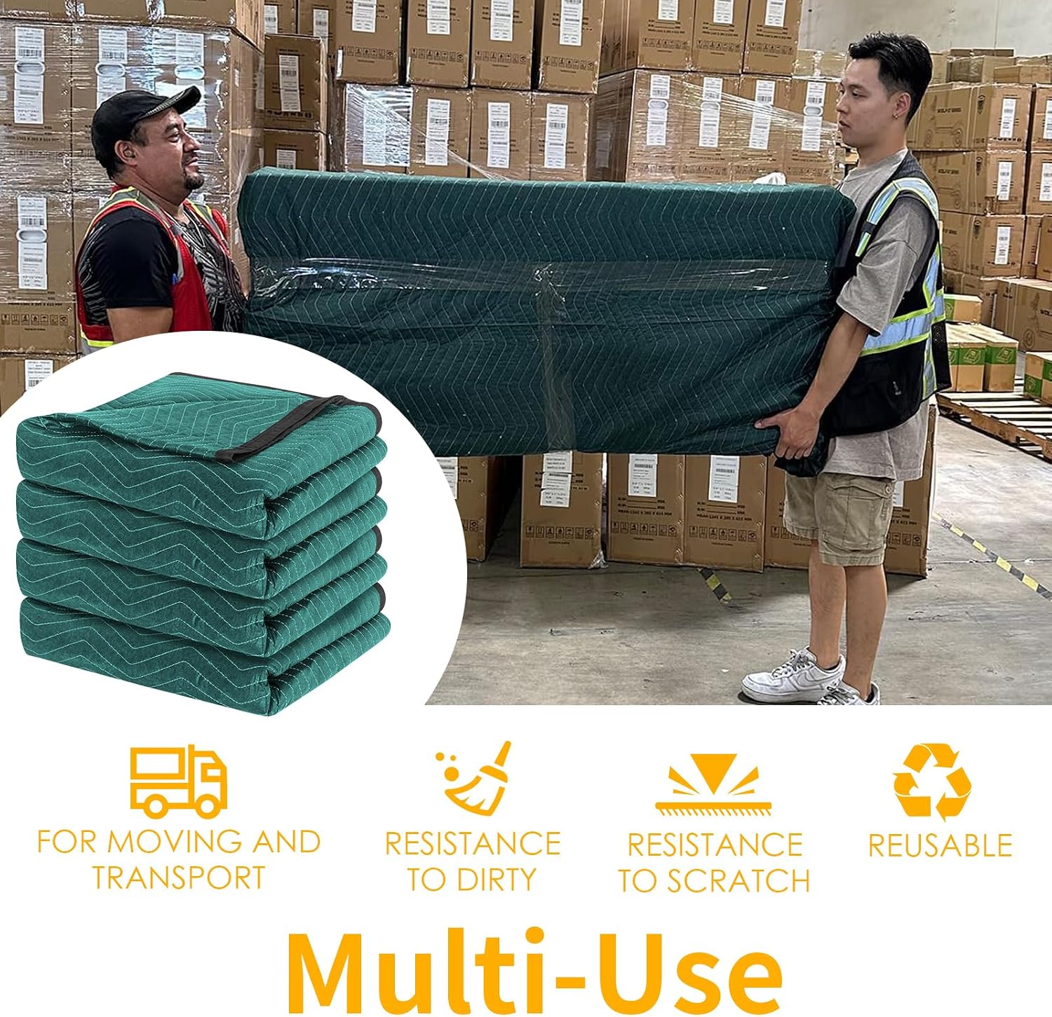 Moving Blankets 4 Pack, Double Extra Large 144'x80' Heavy Duty Quilted Packing Blankets for Moving, Shipping & Storage, Professional Furniture Pads -Green & Gray