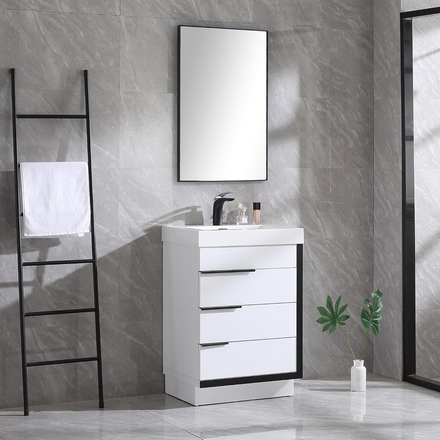 Dowell 24'Single Bathroom Vanity Set- Freestanding Glossy White Vanity with Black Accents,Matte Black Resin Basin,Three Soft-Close Drawers-024 24 21V/2418BPBL
