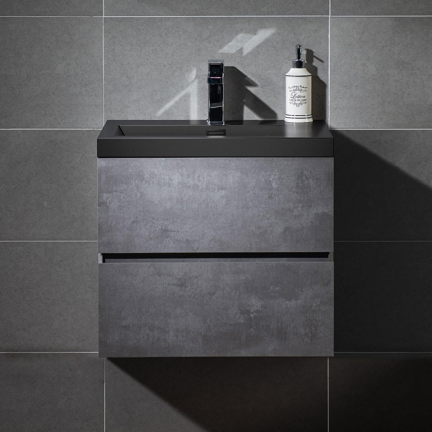 WOODBRIDGE 24 in. W x 19 in. D Wall Mounted Floating Bathroom Vanity in Gray with Quartz Sand Composite Vanity Top in Matte Black
