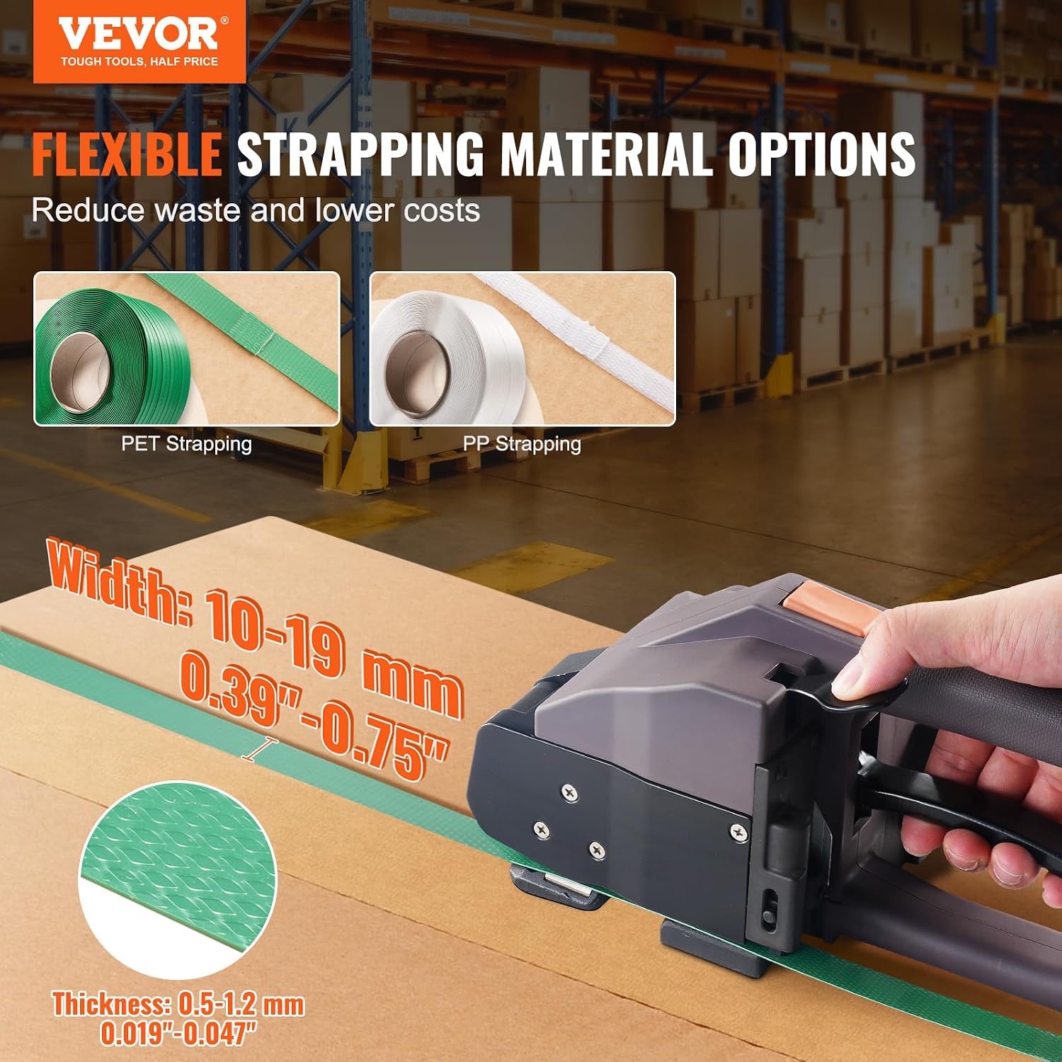 VEVOR Electric Strapping Machine, for 0.39'-0.75' PP PET Straps, Portable Electric Banding Tool with Digital Display, 2 x 4000mAh Battery Powered Automatic Strapping Tool for Packaging Box Pallet