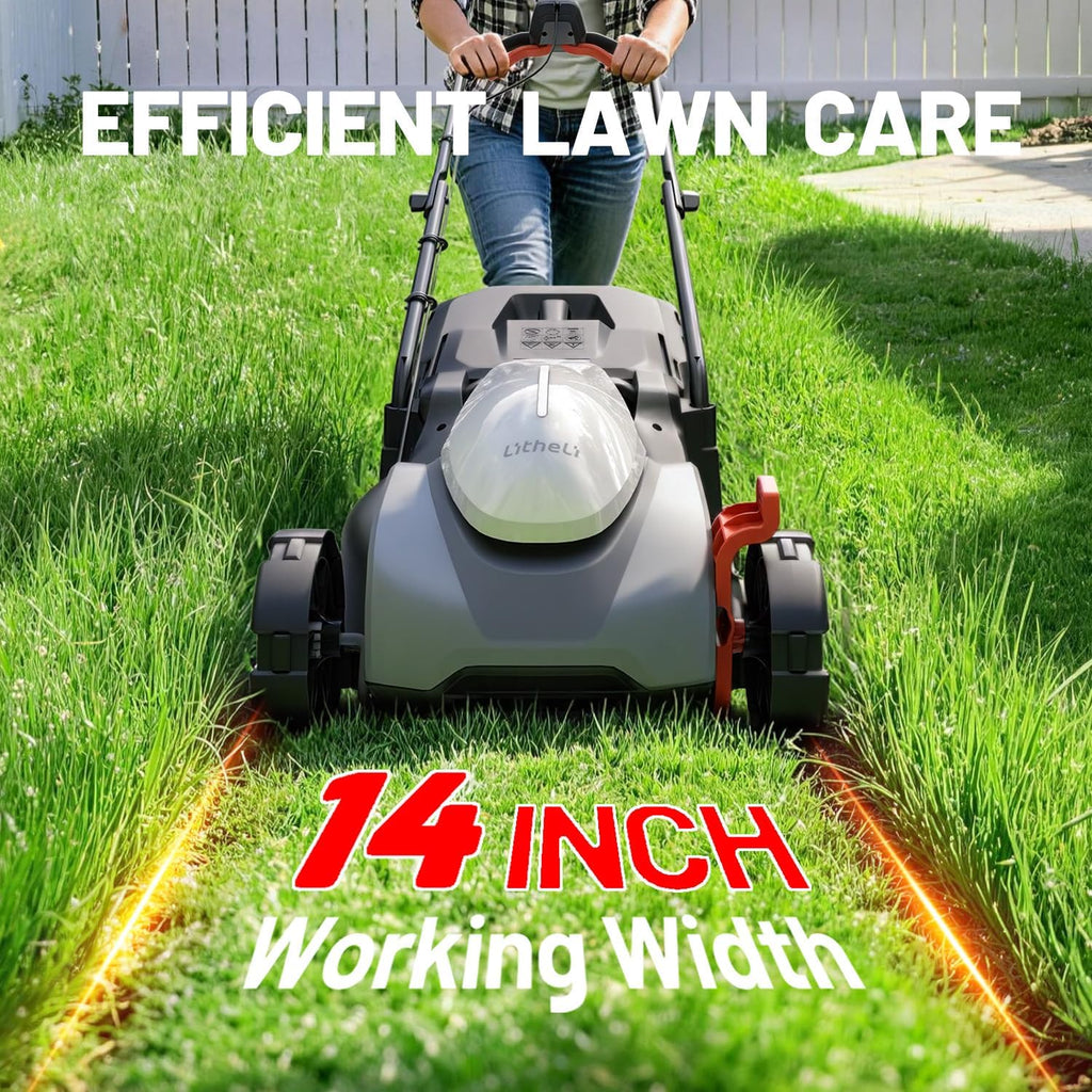 Litheli 14 Inch Cordless Lawn Mower, Brushless Battery Powered Push Mower with 2x5.0Ah Batteries, 5-Position Height, 8-Gallon Bag, Lightweight Grass Cutter for Garden Yard Farm