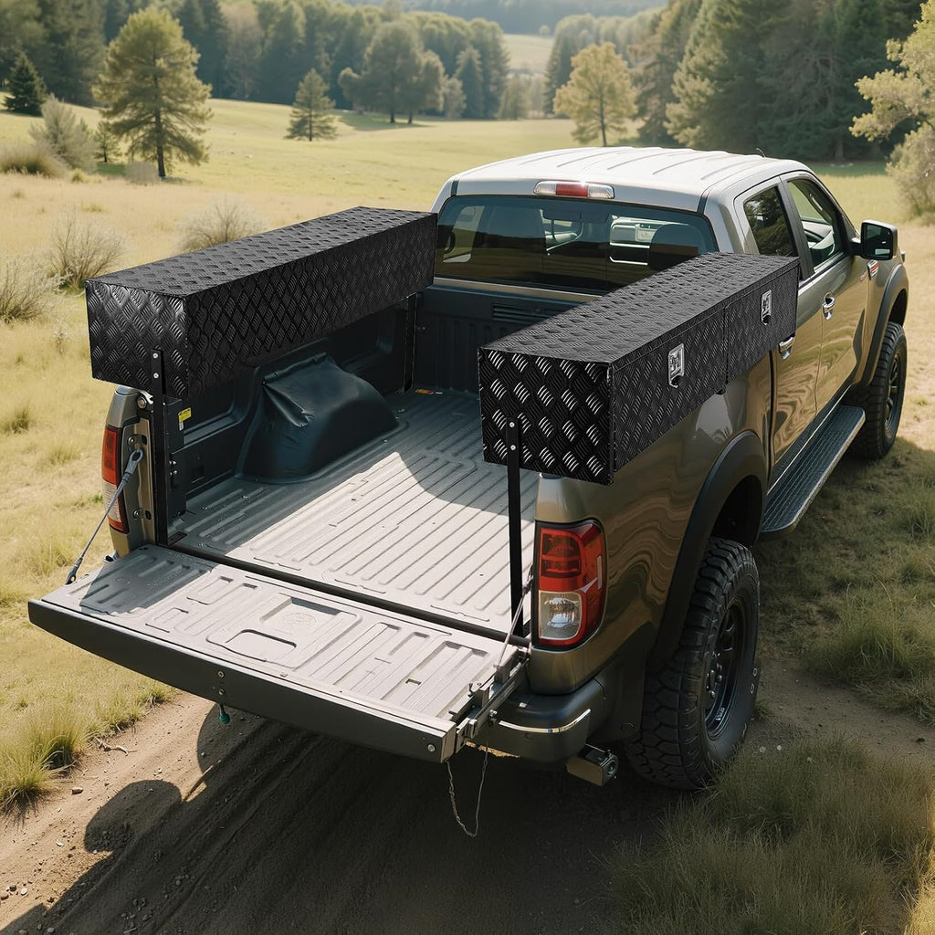 VEVOR Truck Tool Box, 72 x 13 x 16 Inch, Black Aluminum Tread Topsider Toolbox with Dual Drop Doors, Heavy Duty Lockable Storage and Organization Box with Latch, Corrosion-Resistant, for Truck Bed