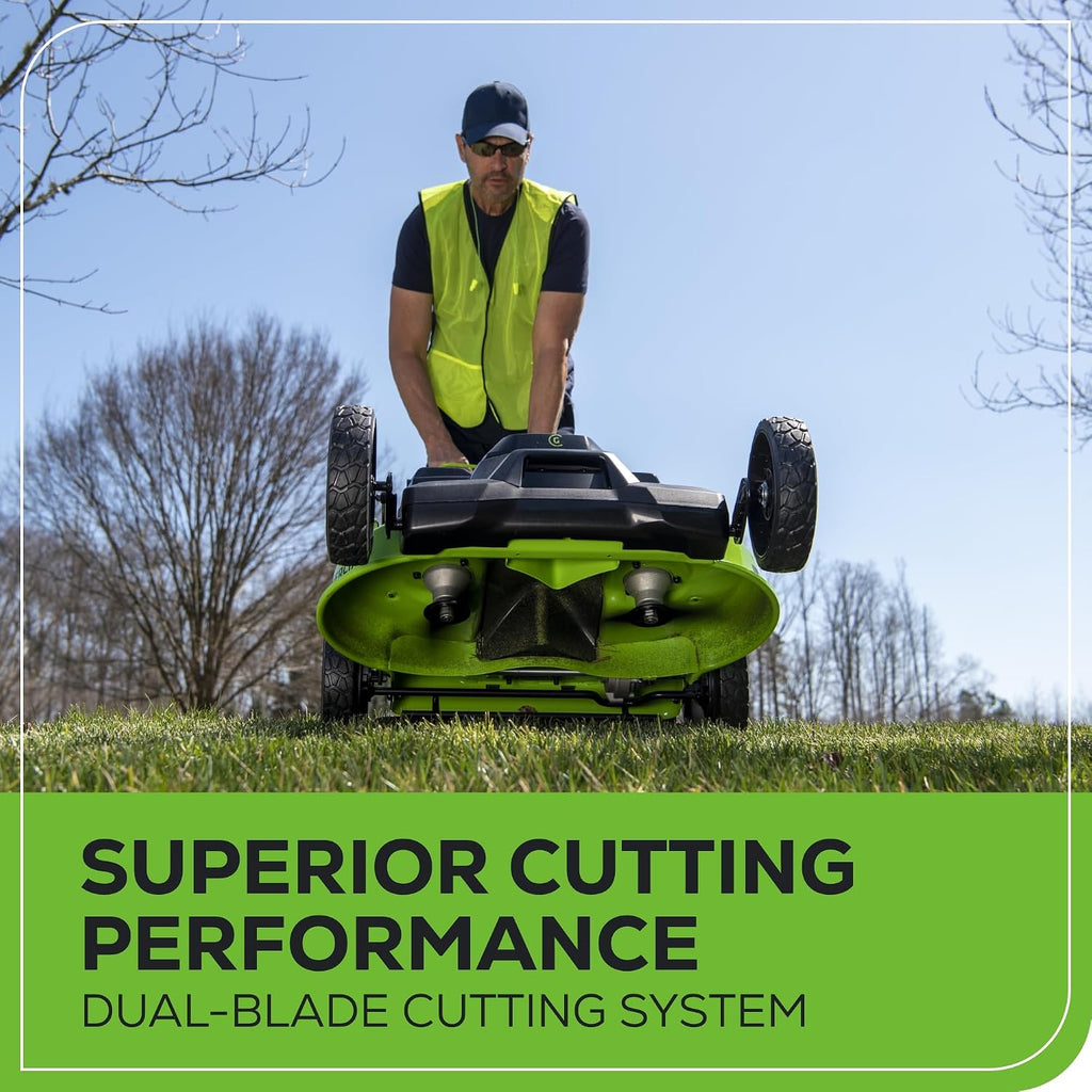 Greenworks 82V Bundle - 25' Brushless (Self-Propelled) Cordless Lawn Mower, (2) 4.0Ah Batteries and Dual Port Rapid Charger + Bonus 4.0Ah Battery (Bonus Battery)