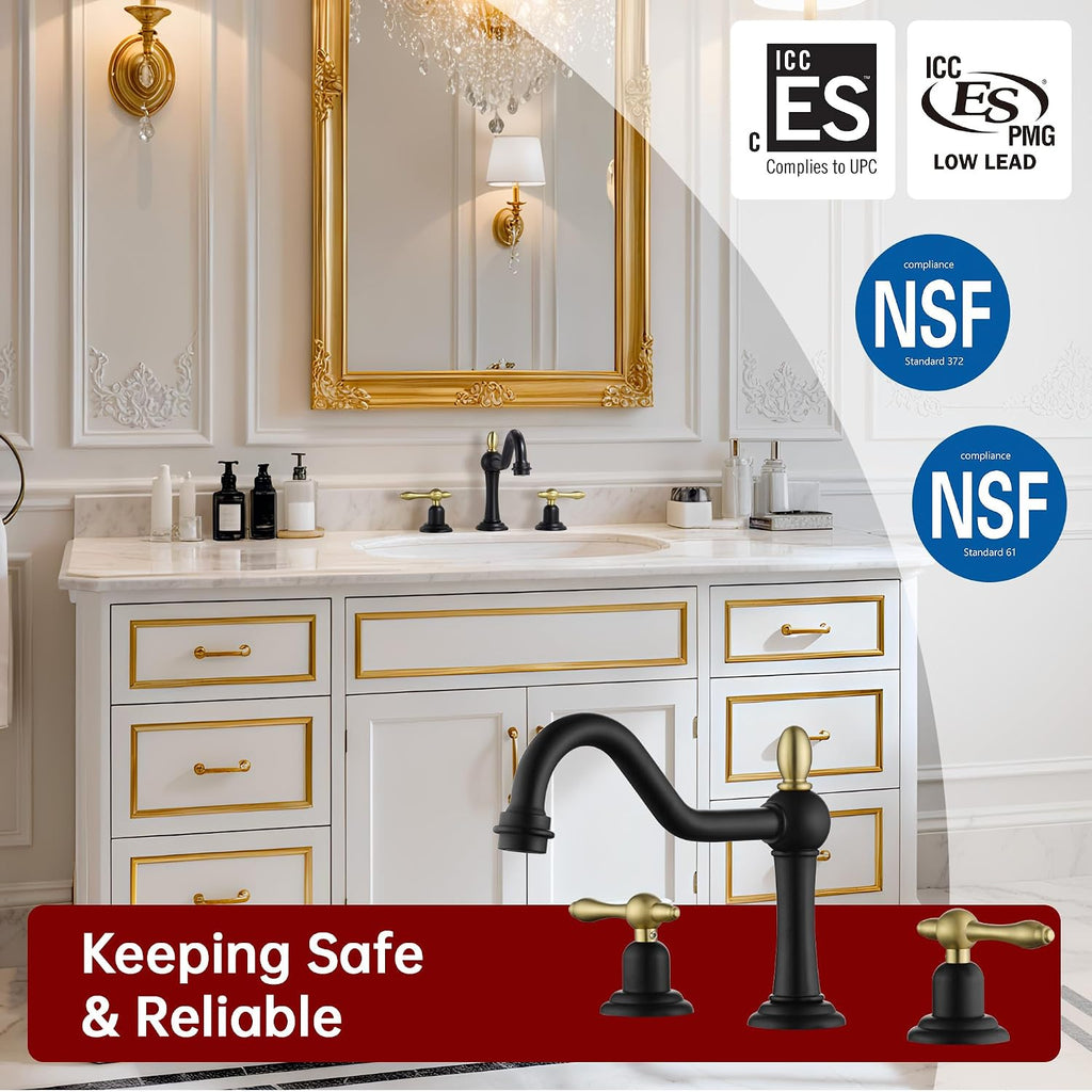 sumerain 8 inch Widespread Bathroom Faucet, 2 Handles Vintage Style Lavatory Faucet for Sink 3 Hole, Black and Gold