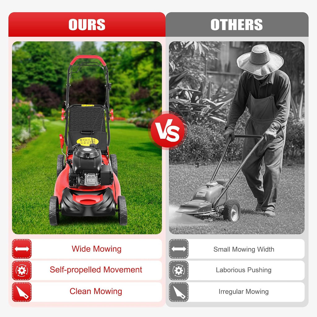 Self Propelled Gas Lawn Mower, 4-Stroke 140CC 5HP OHV Gasoline Lawn Mowers 3-in-1 Multifunctional Push Mowing Single Cylinder Mulching Lawnmower w/8 Gears Height Adjustments for Urban Gardens, Villas