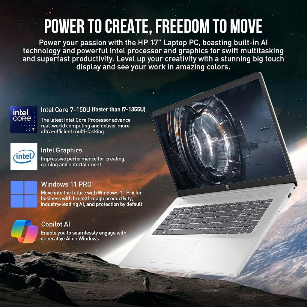 HP 17 Inch Laptop Computer, 17.3' FHD IPS Business Laptop PC, Intel Core 7 (10-Cores, Beats i7-1355U), Windows 11 Pro 32GB RAM 2TB SSD, 10-Key Number Pad, for Business & Home