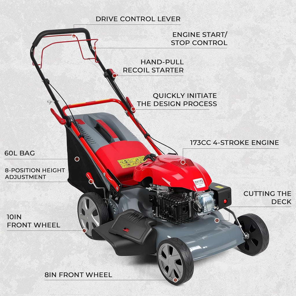 Self Propelled Lawn Mower 20-Inch with 60L Grass Bag - 173cc Gas Engine for Hills & Thick Grass 3-in-1 Mulch Bag Side-Discharge Rear Wheel Drive for Uneven Yards Lawn Care (173CC)