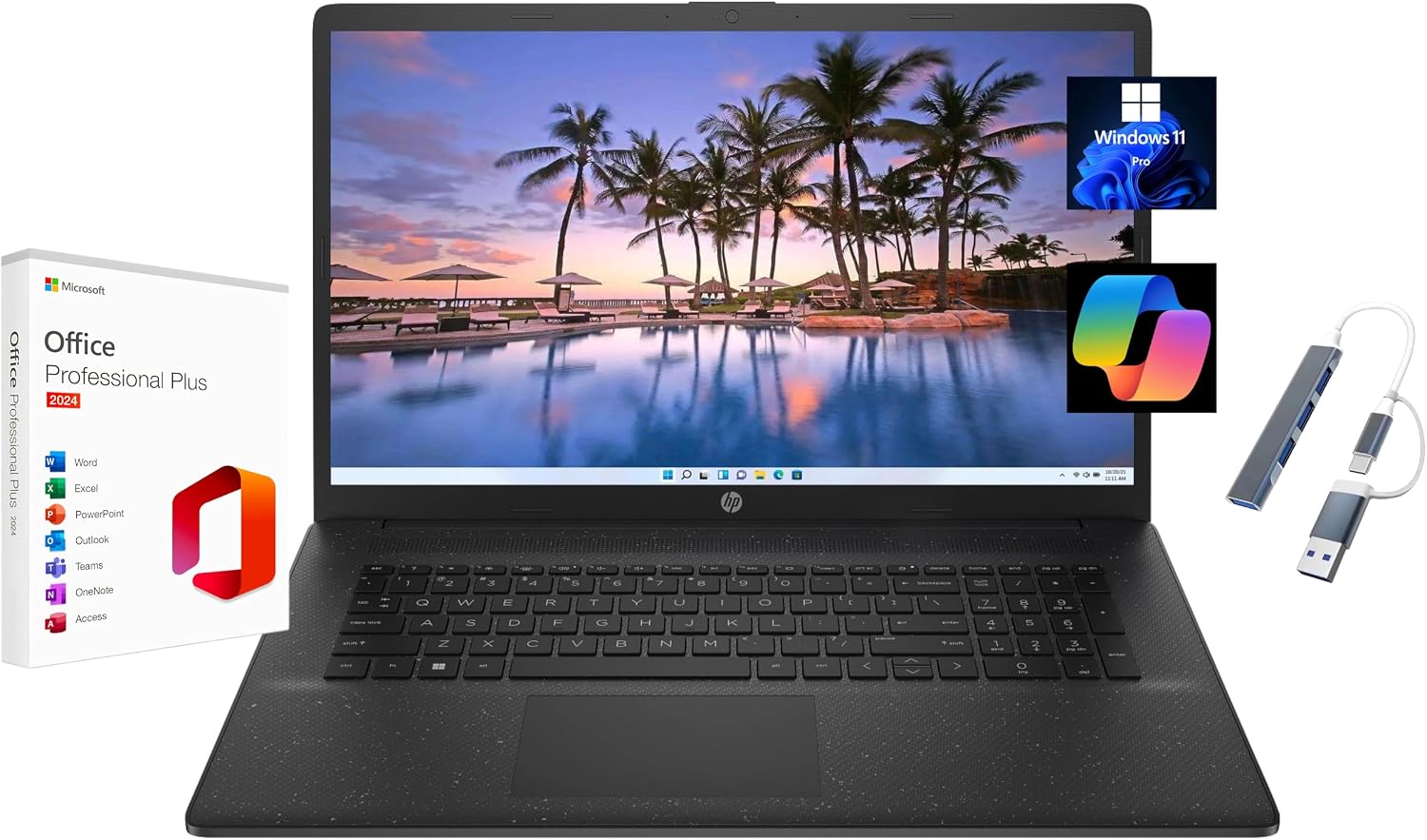HP 2025 17.3' HD+ Laptop, with Free Lifetime Microsoft Office 2024, Intel Core i5-1334U, 16GB RAM, 256GB SSD, Intel Iris Xe Graphics, Windows 11 Pro, Jet Black, with USB Hub