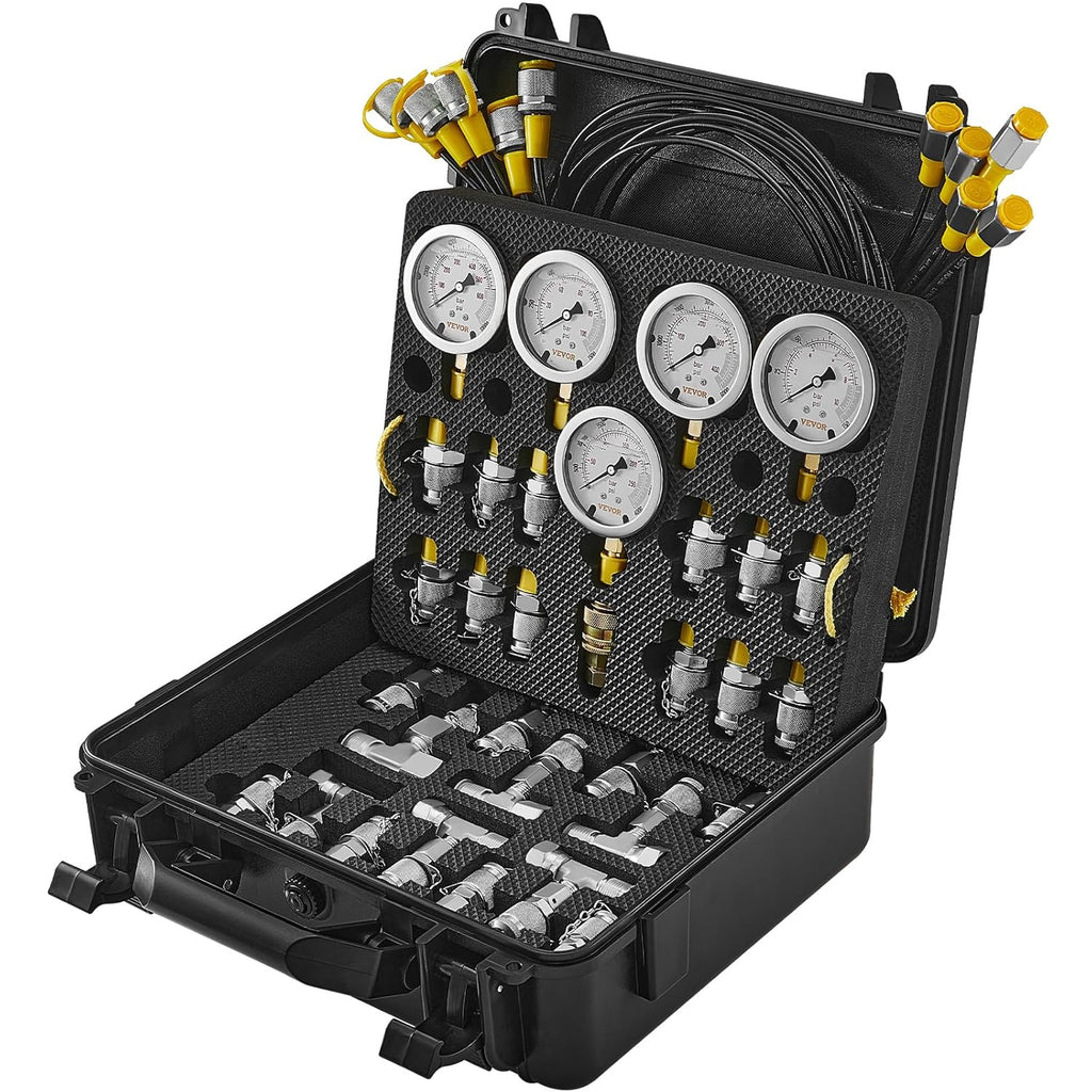 VEVOR Hydraulic Pressure Test Kit, 10/100/250/400/600bar, 5 Gauges 13 Test Couplings 14 Tee Connectors 5 Test Hoses, Hydraulic Gauge Kit with Sturdy Carrying Case, for Excavator Construction Machinery