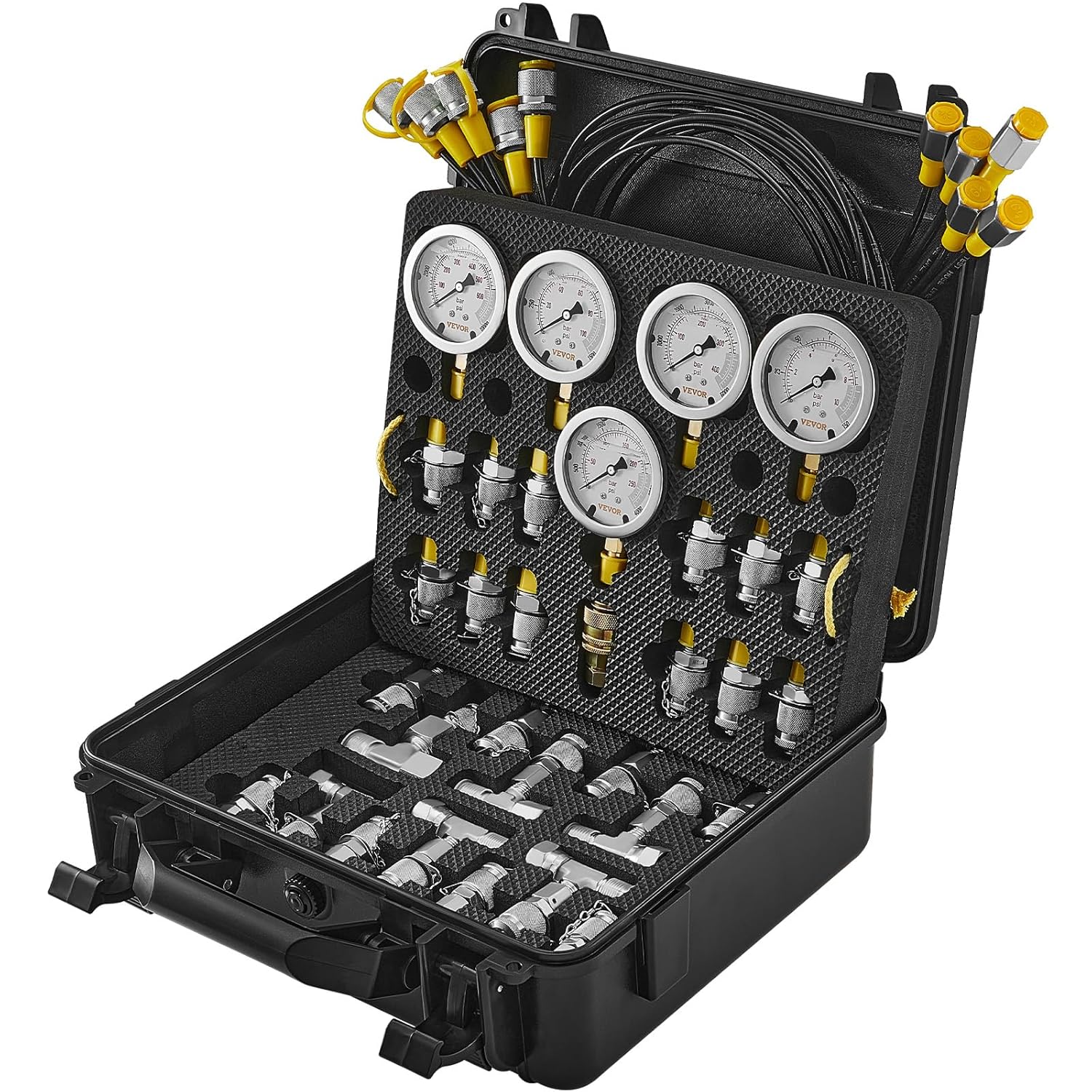 VEVOR Hydraulic Pressure Test Kit, 10/100/250/400/600bar, 5 Gauges 13 Test Couplings 14 Tee Connectors 5 Test Hoses, Hydraulic Gauge Kit with Sturdy Carrying Case, for Excavator Construction Machinery