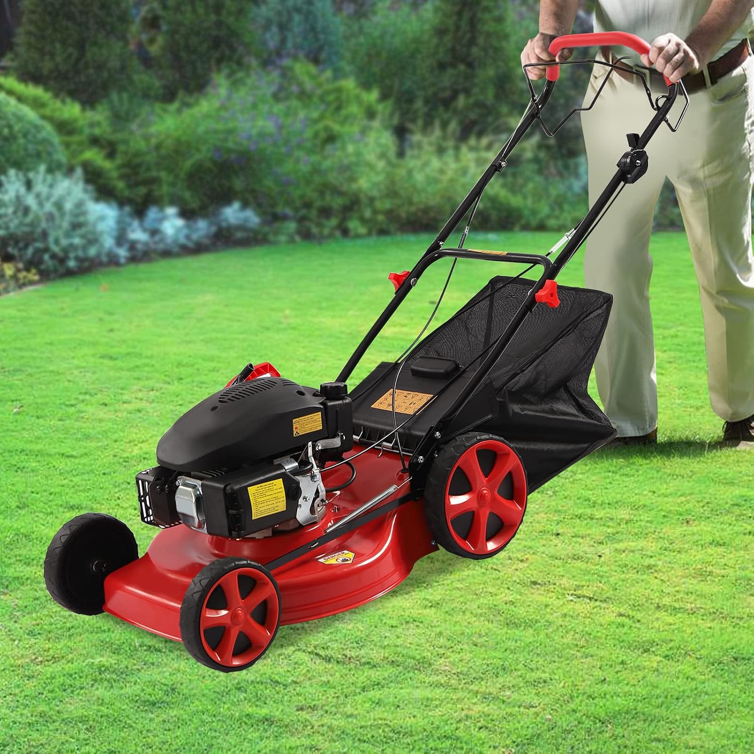 Gas Powered Lawn Mower Self Propelled, 3-in-1 w/Bag 20-inch & 173CC Gas Mower, 8 Adjustable Heights, 4-Stroke Engine 6.0HP Gas Lawn Mower for All Lawn Planting Weeding