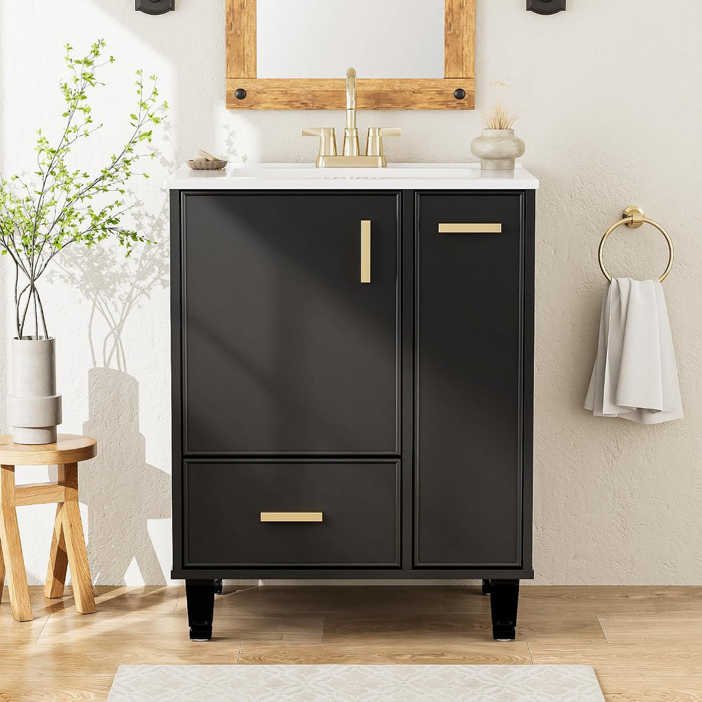 24-inch Bathroom Vanity with Sink Combo, Free-Standing Single Storage Cabinet with Door Shelf, 2-Tier Pull-Out Basket, and Deep Drawer, Wood Vanity with Ceramic Basin for Bathroom (Black)