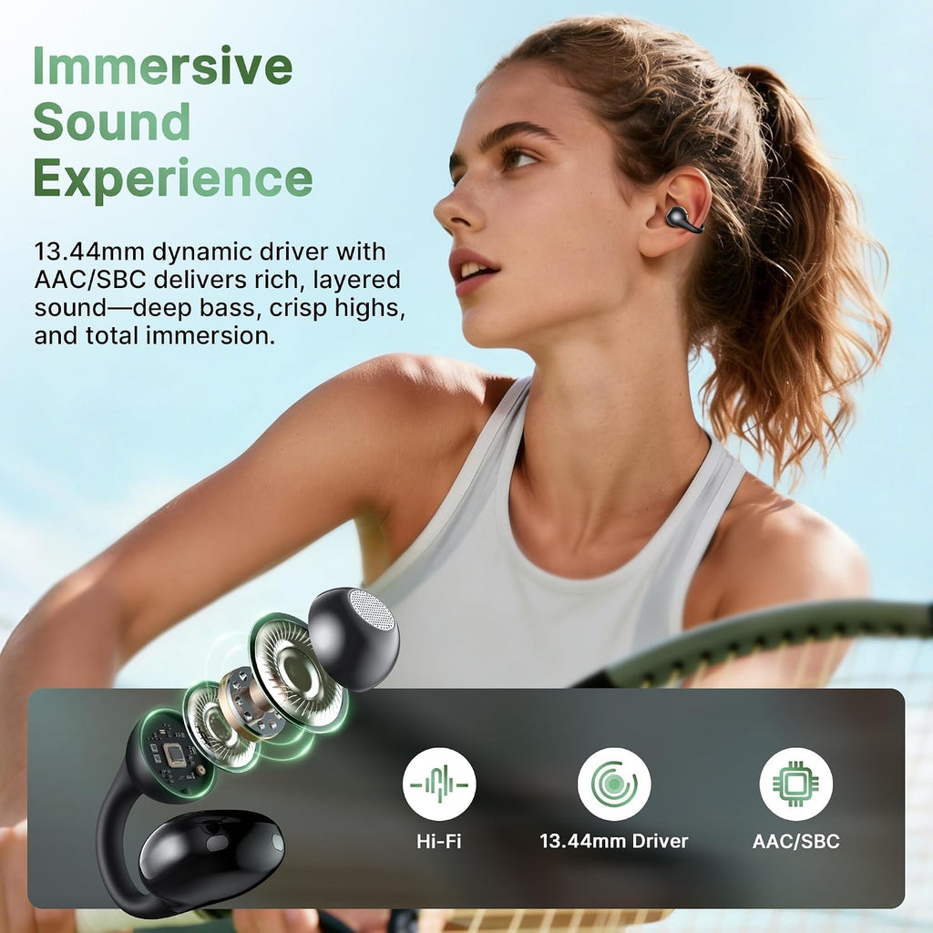 Open Ear Earbuds, Wireless Earbuds, Bluetooth 5.4 Headphones with ENC Clear Call, 60H Playtime, IPX7 Waterproof, Lightweight Comfort, Clip On Earbuds for Workout/Running, Black